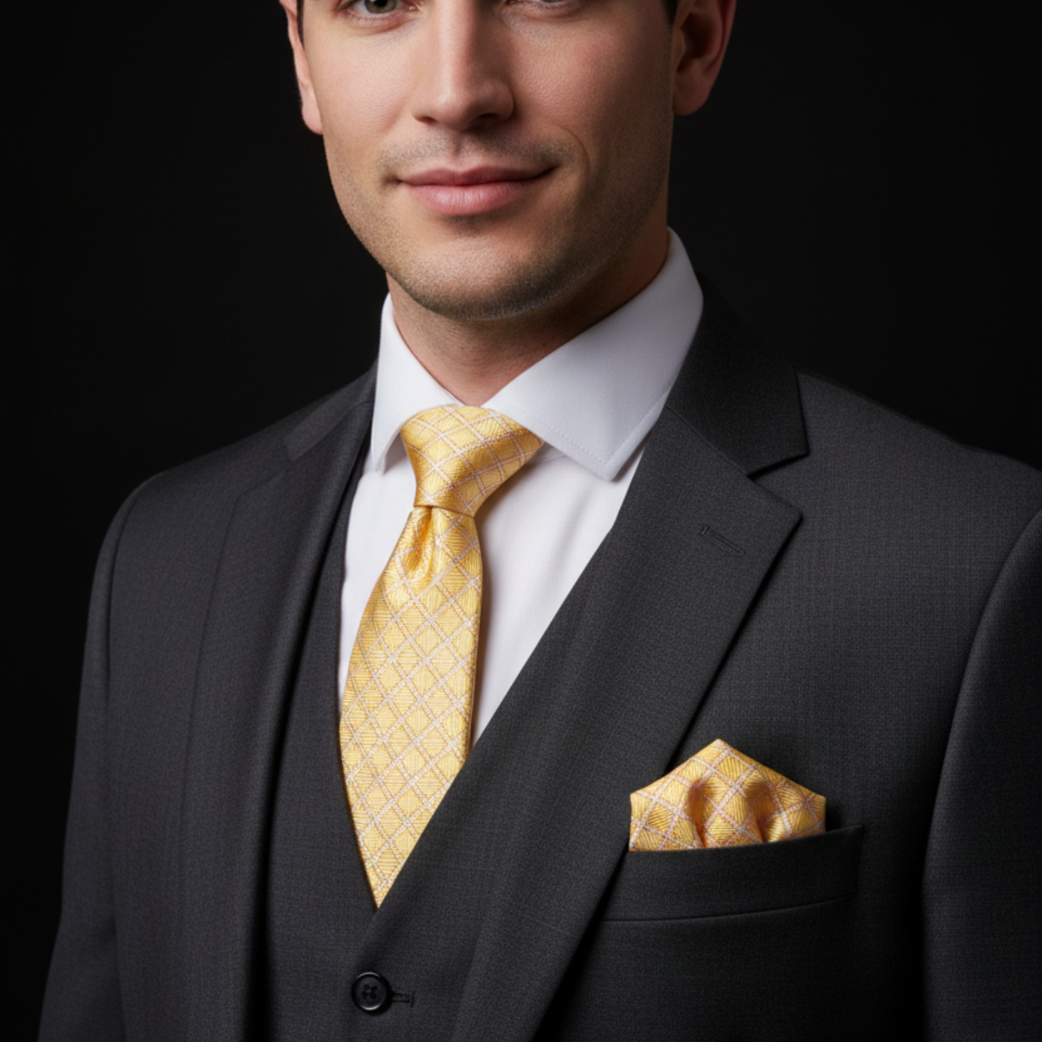 Man wearing a dark suit with a yellow tie and pocket square against a black background