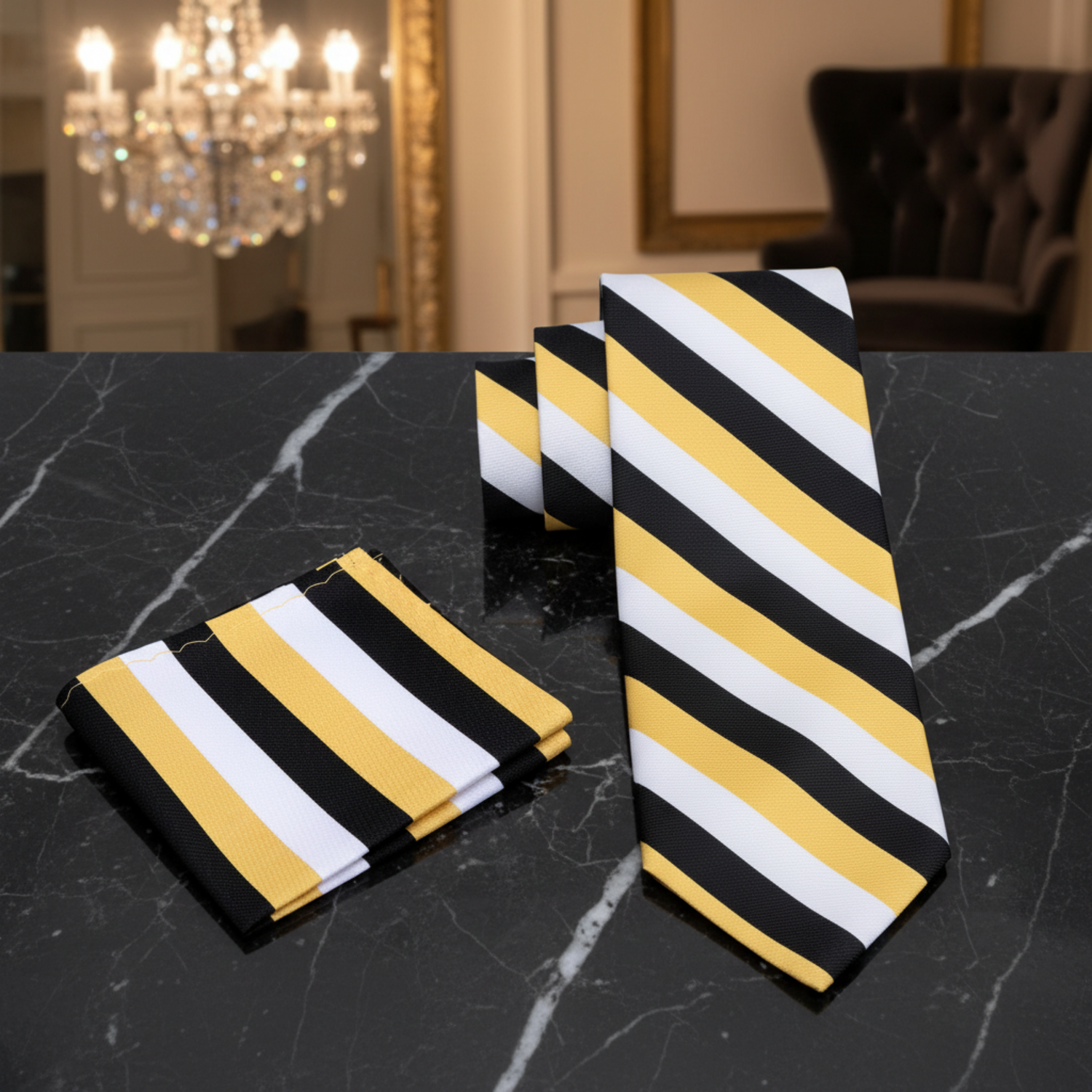 Alt View Gold, White, Black Stripe Tie and Grey Square