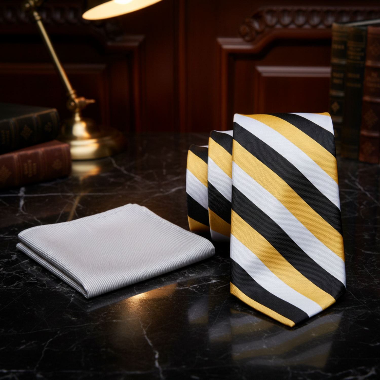 Alt View Tie: Gold, White, Black Stripe Tie and Grey Square