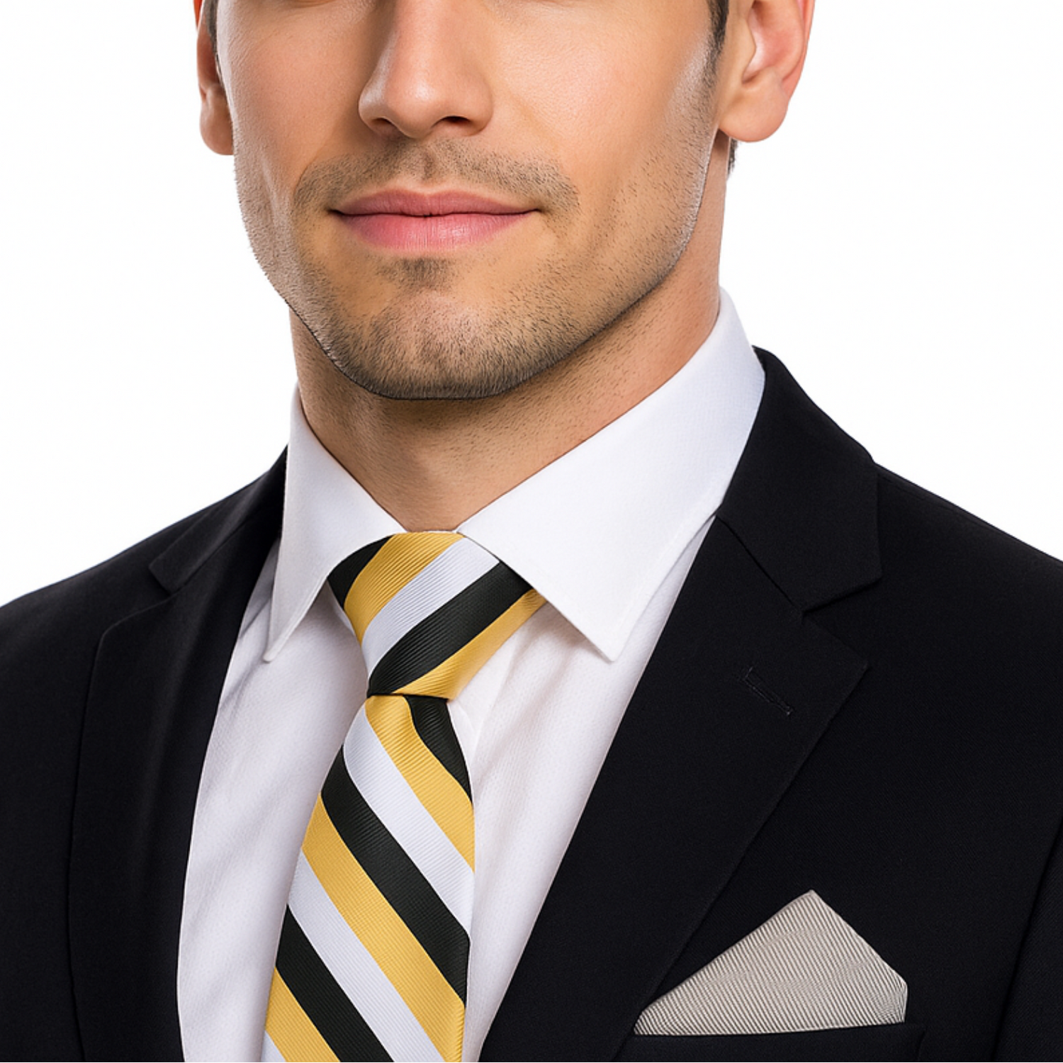 Man wearing a black suit with a white shirt and yellow striped tie on a white background