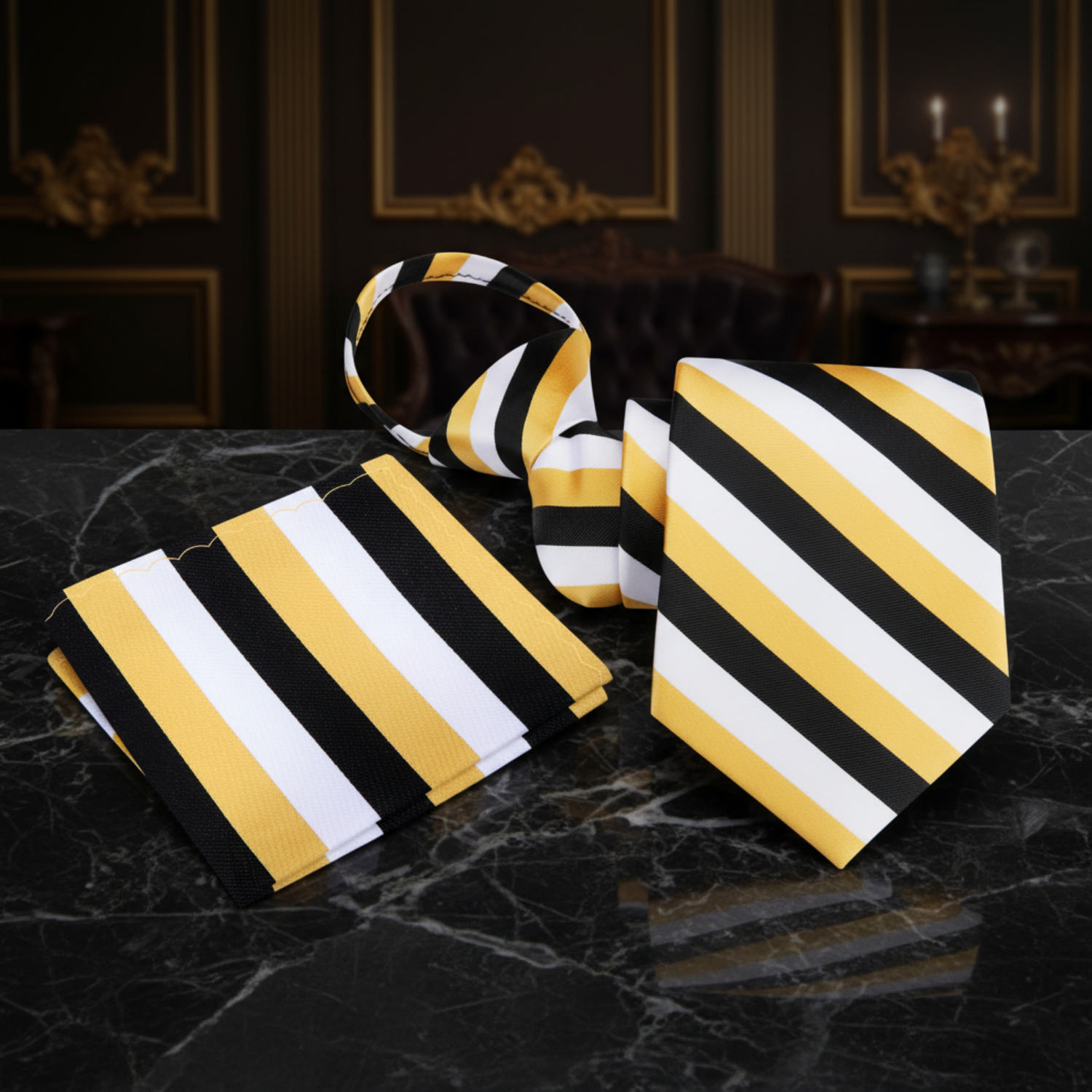 Zipper: Gold, White, Black Stripe Tie and Grey Square