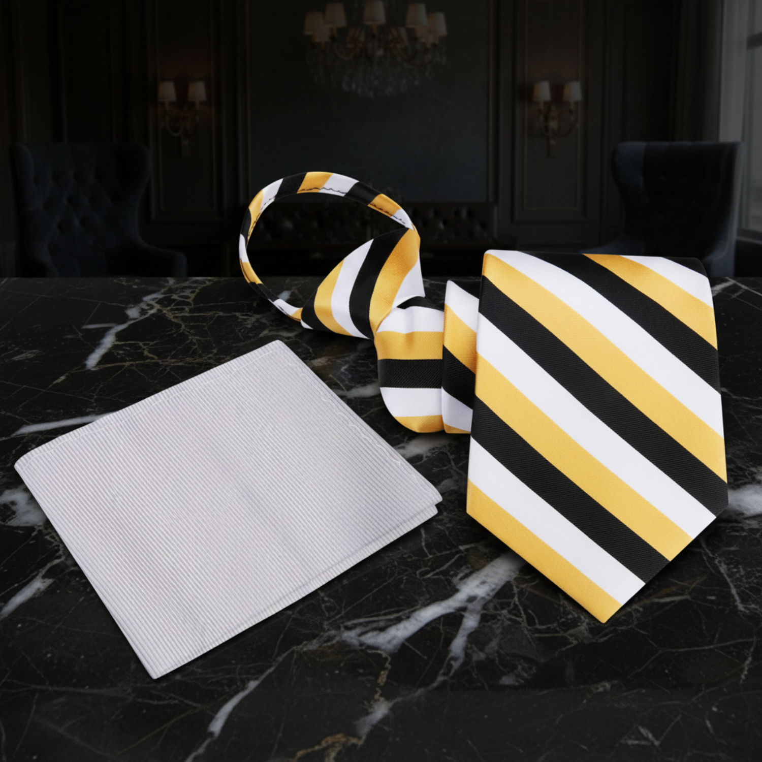 Zipper Tie: Gold, White, Black Stripe Tie and Grey Square