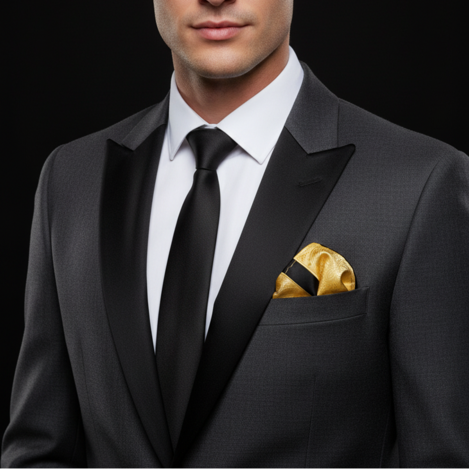 Man wearing a black suit with a white shirt and gold pocket square on a black background