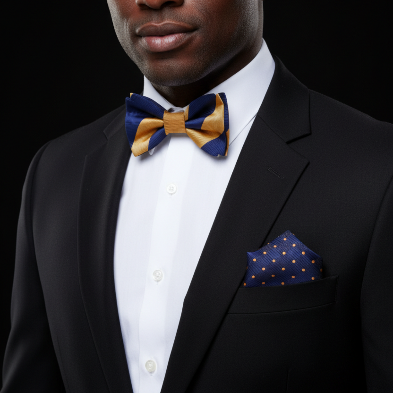 Man wearing a black suit with a gold and blue bow tie and matching pocket square on a black background