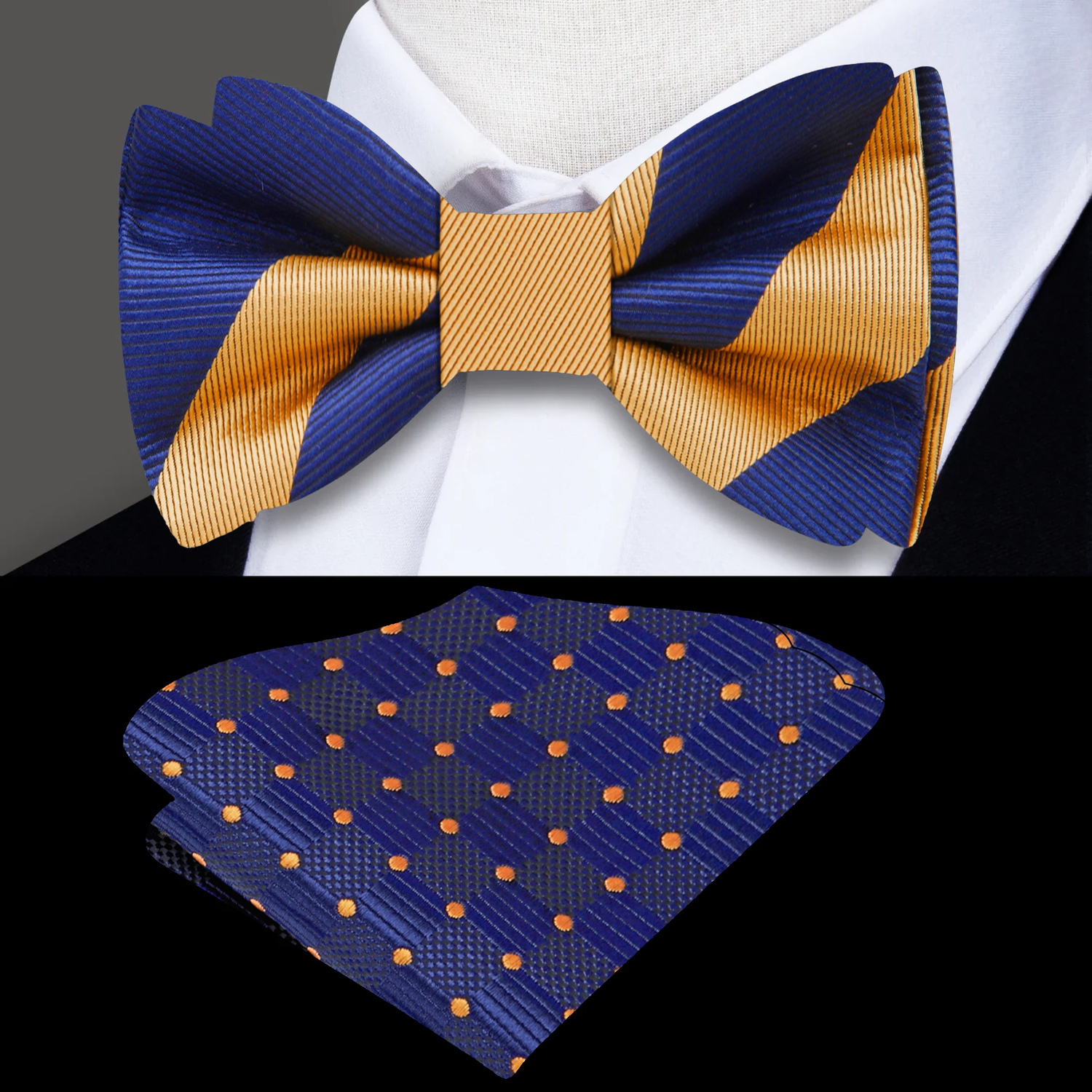 Main A Rich Gold And Deep Blue With Thick Stripe Pattern Self Tie Bow Tie With Accenting Pocket Square