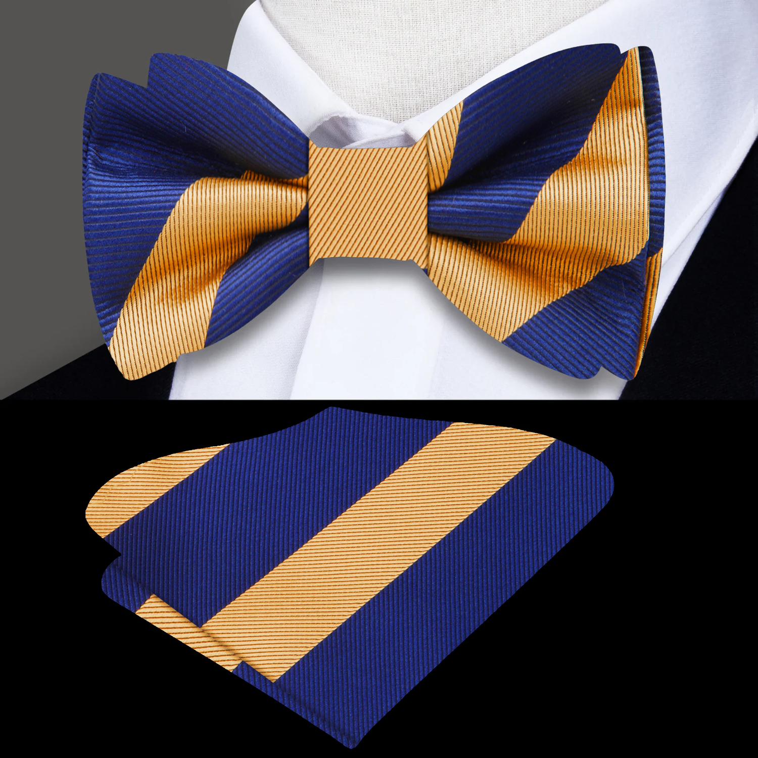 Main A Rich Gold And Deep Blue With Thick Stripe Pattern Self Tie Bow Tie With Matching Pocket Square