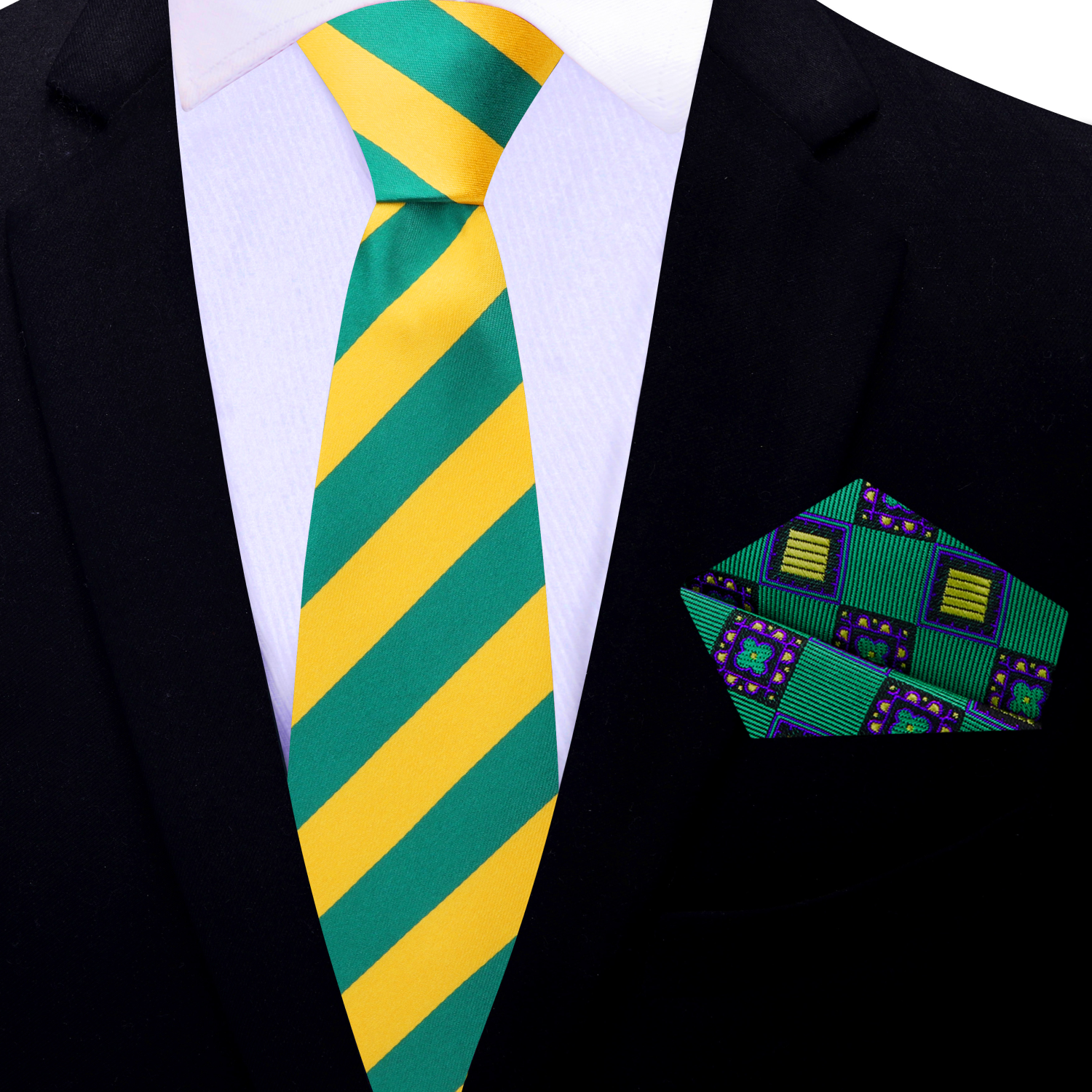 Green and yellow striped tie with matching pocket square on a suit jacket