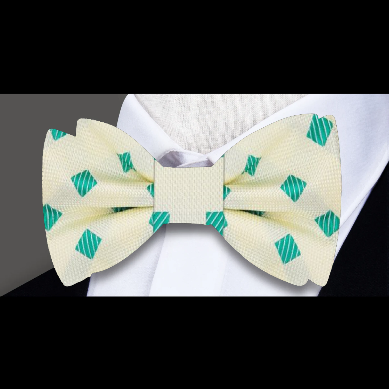 Light Yellow, Green Geometric Diamonds Bow Tie