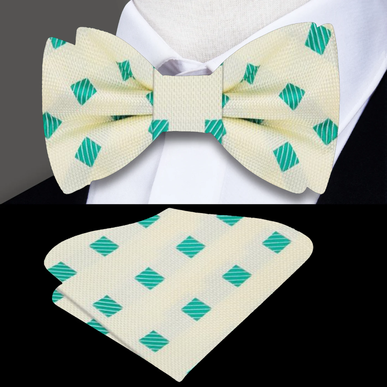 Light Yellow, Green Geometric Diamonds Bow Tie and Square||Yellow