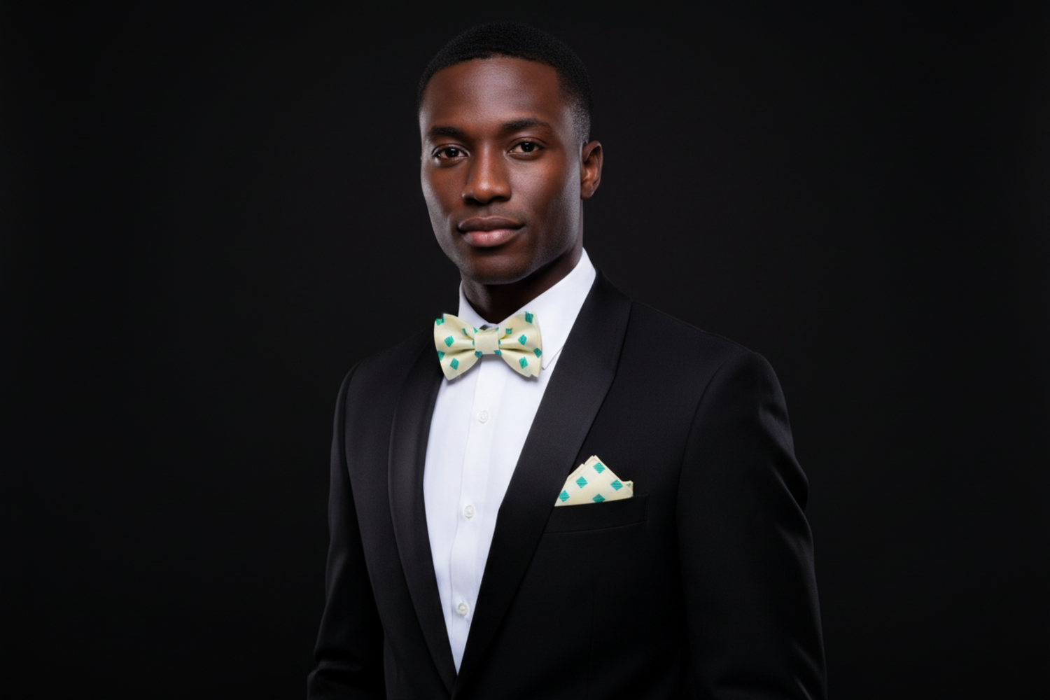 Man in a black tuxedo with a green bow tie and pocket square on a black background