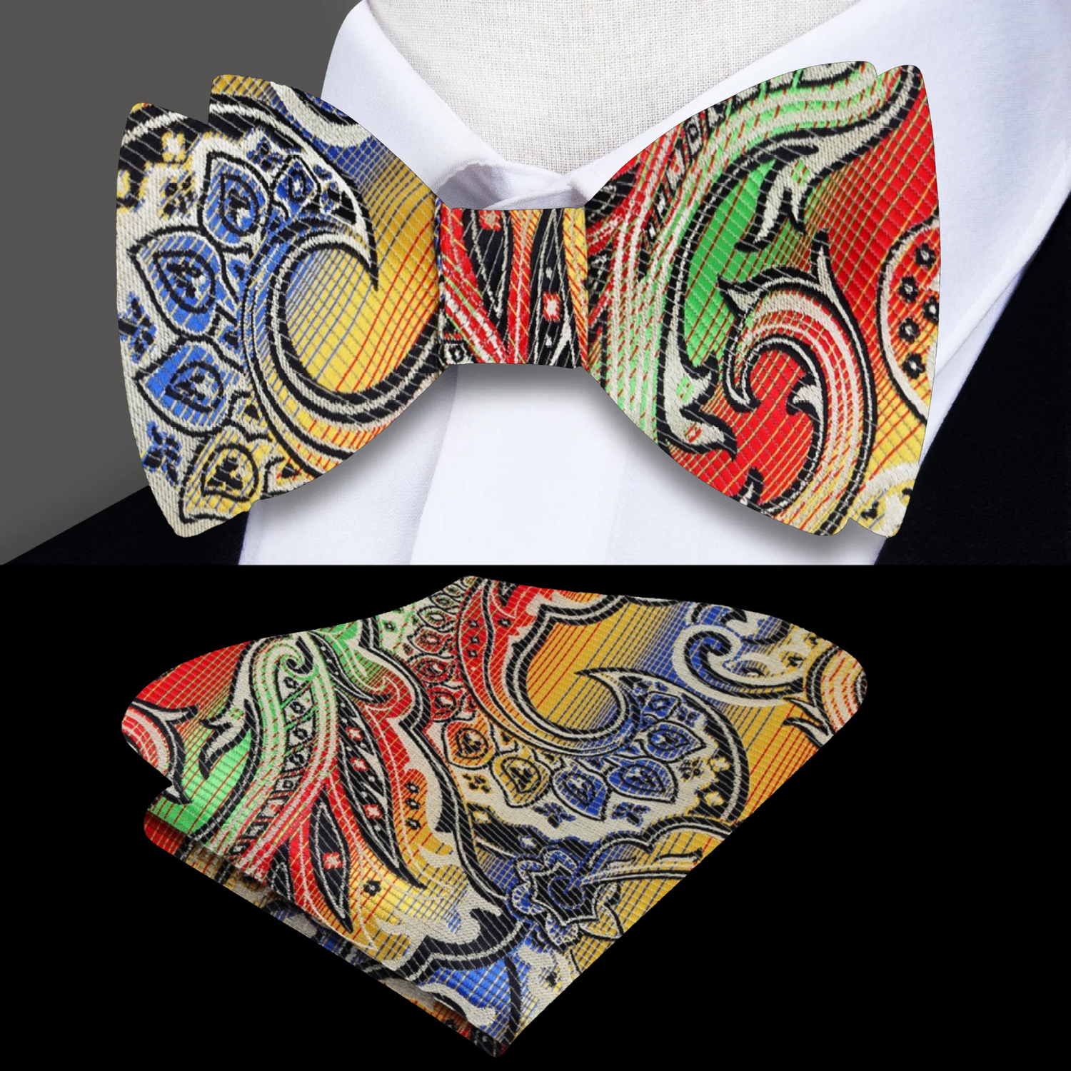 Yellow, Red, Green Paisley Bow Tie and Pocket Square