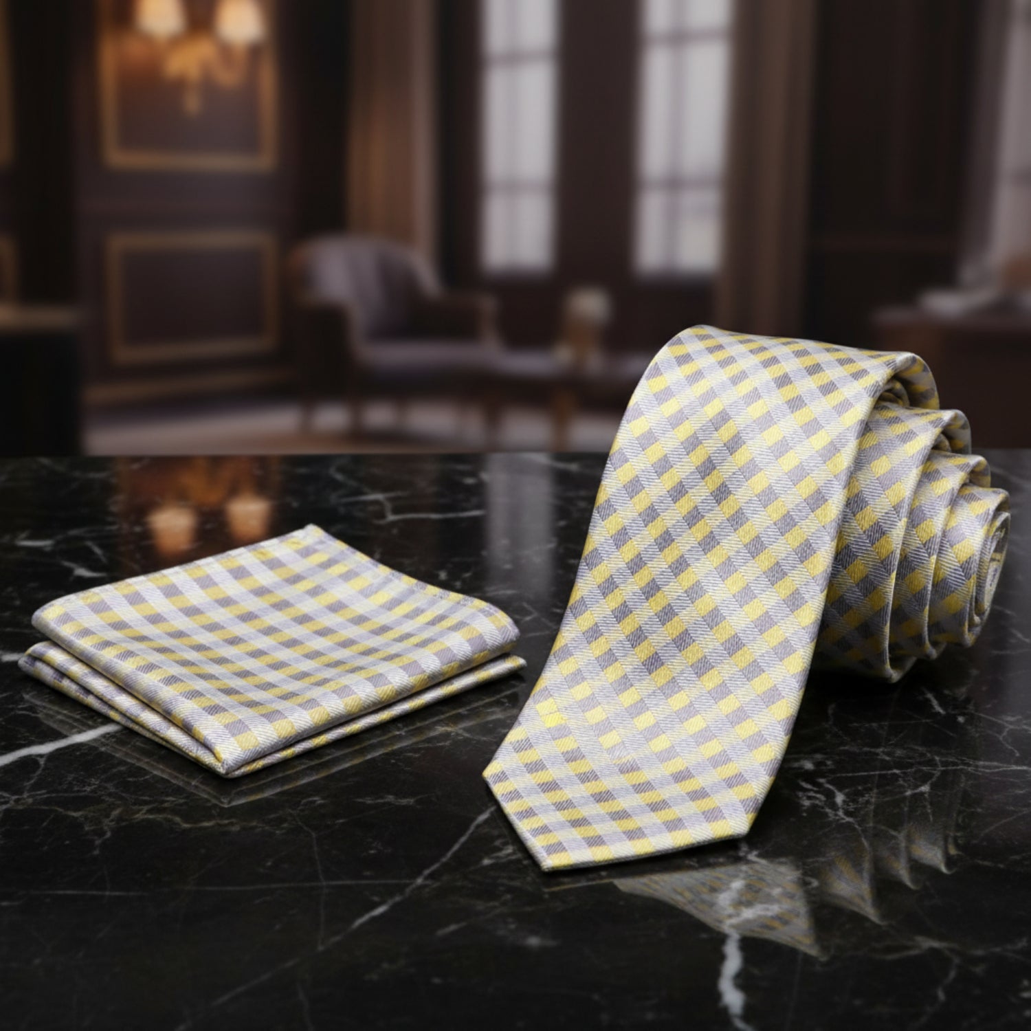 Alt Yellow, Grey check necktie and square