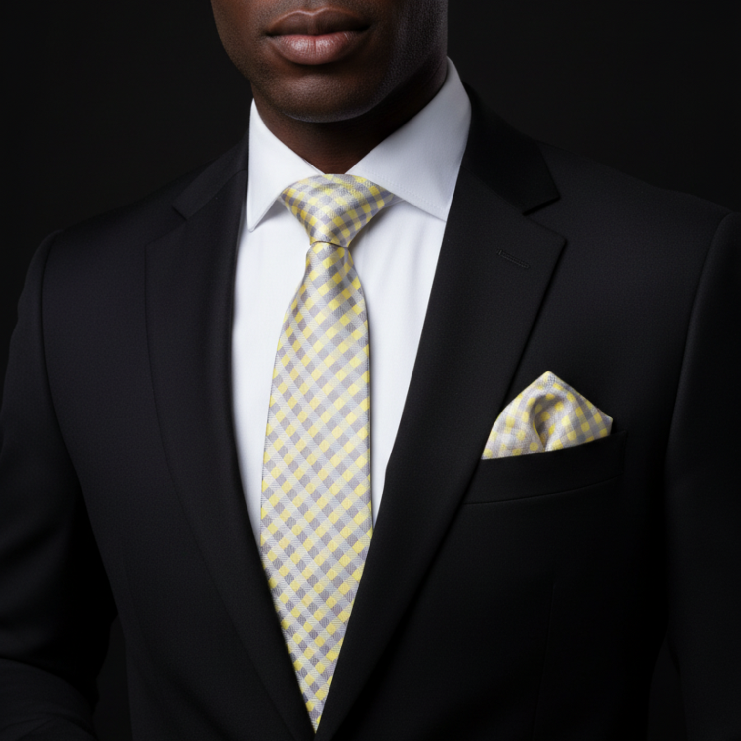 Man wearing a black suit with a yellow checkered tie and pocket square on a dark background