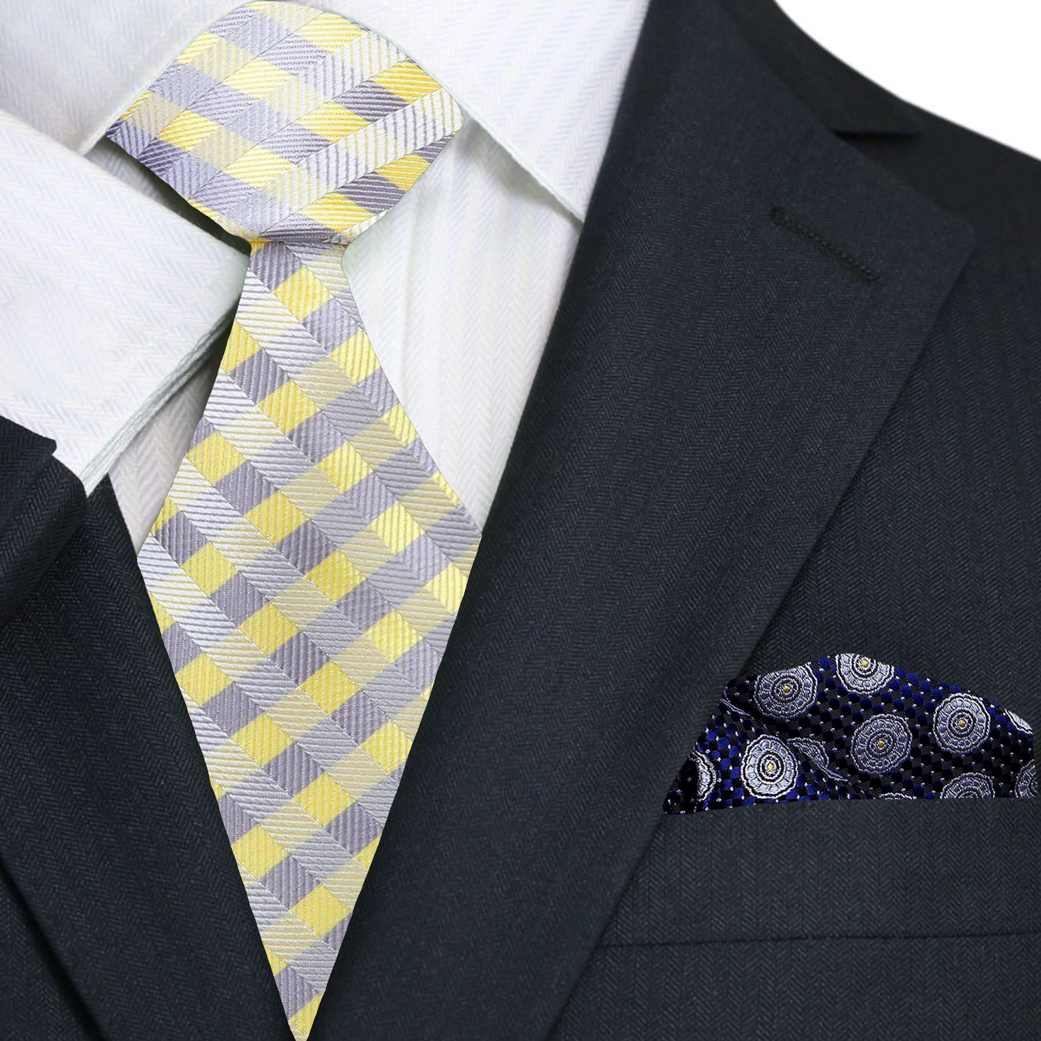 Yellow, Grey check necktie and accenting square