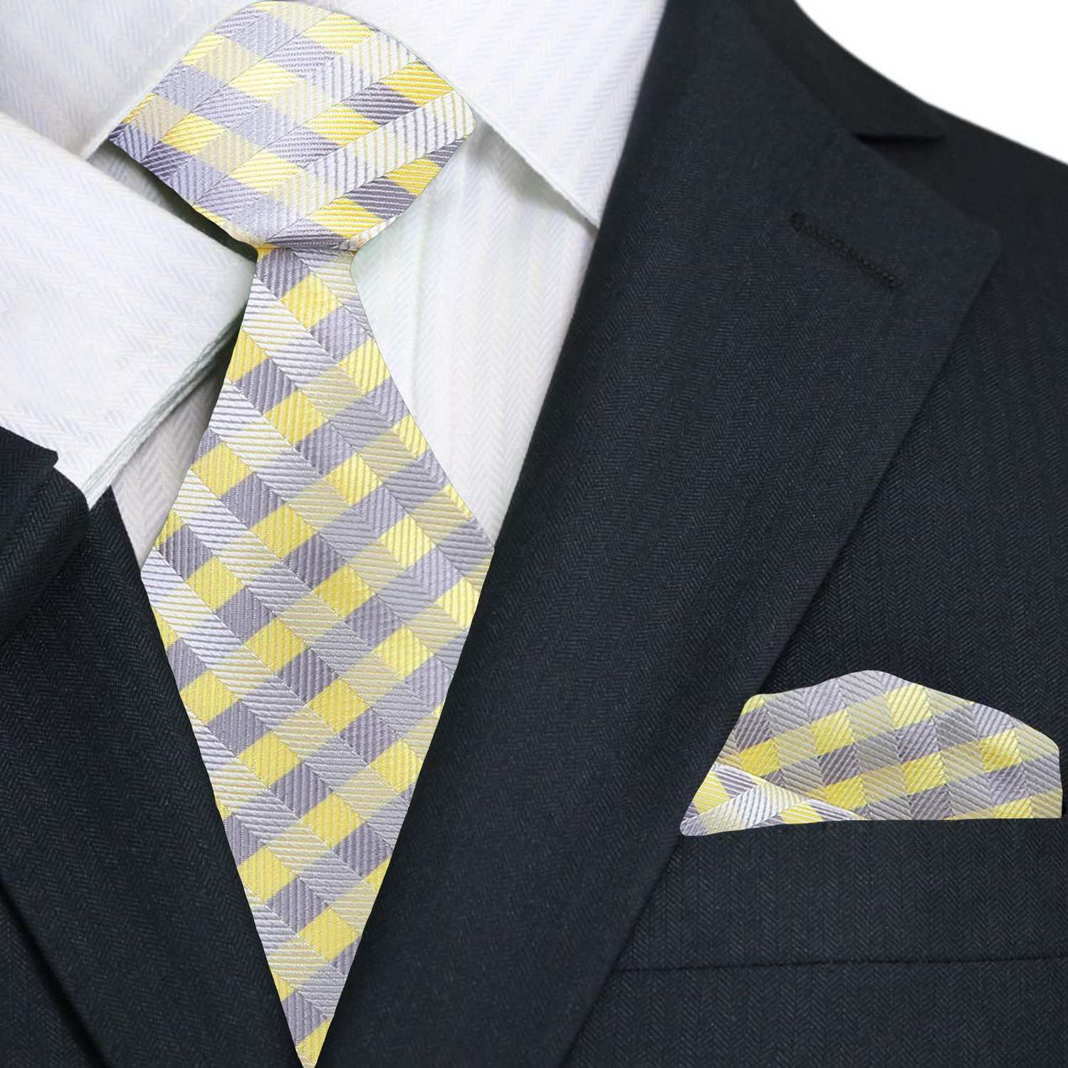 Yellow, Grey check necktie and square