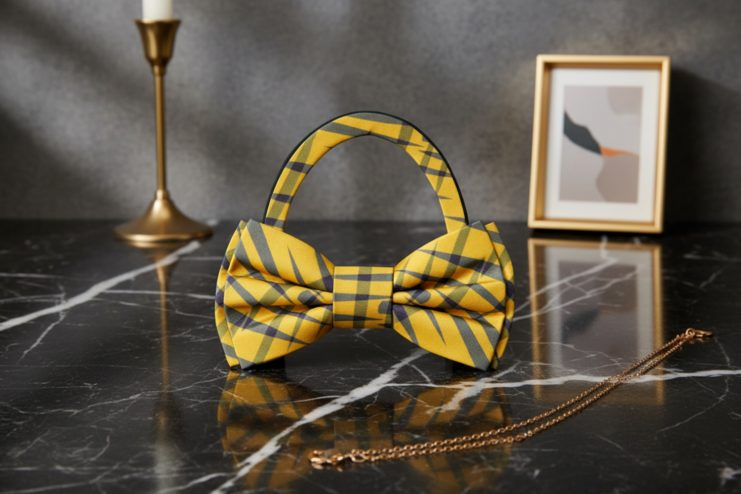 Yellow Grey Plaid Bow Tie Pre Tied