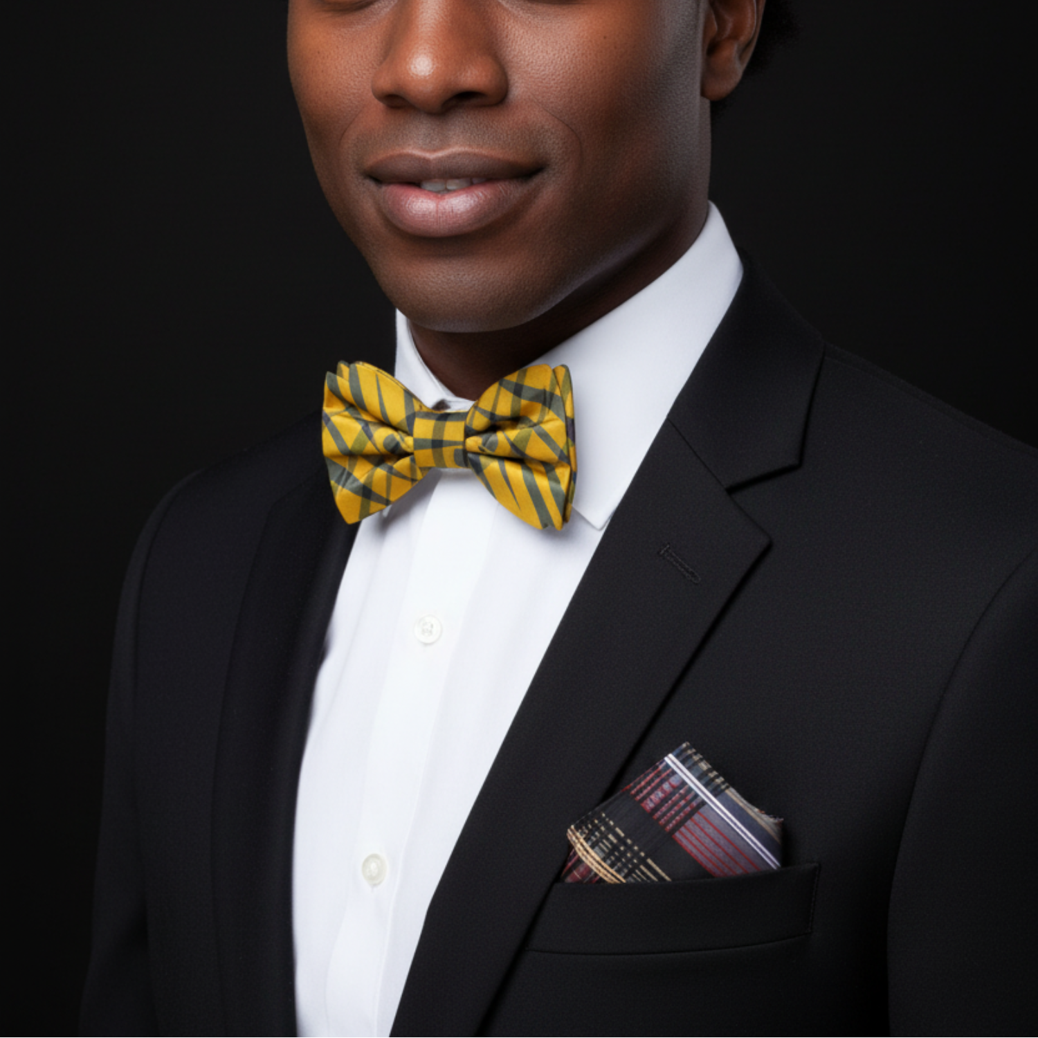 Man wearing a black suit with a yellow patterned bow tie and matching pocket square against a dark background