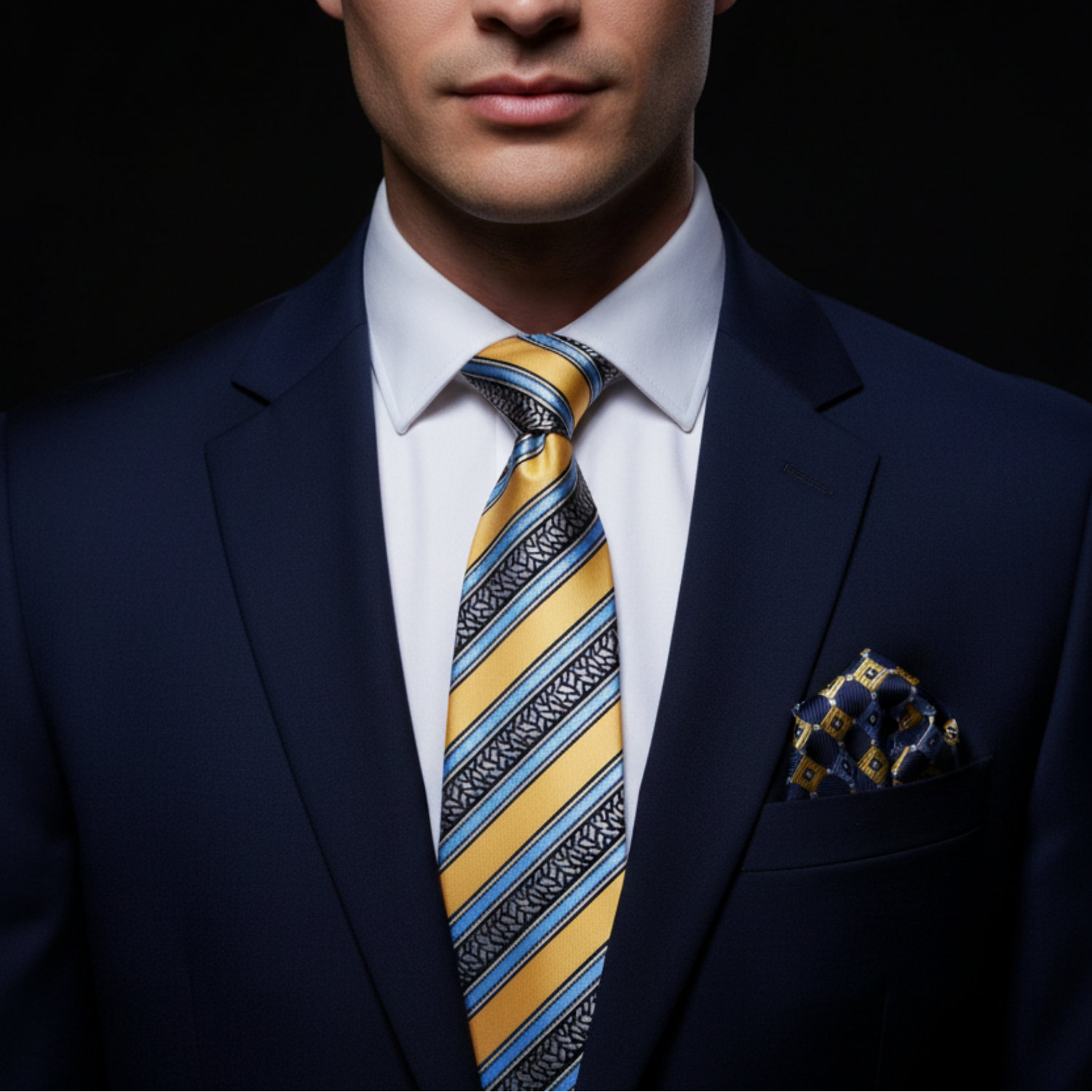 man wearing blue suit with yellow, grey and light blue stripe tie and accenting geometric square