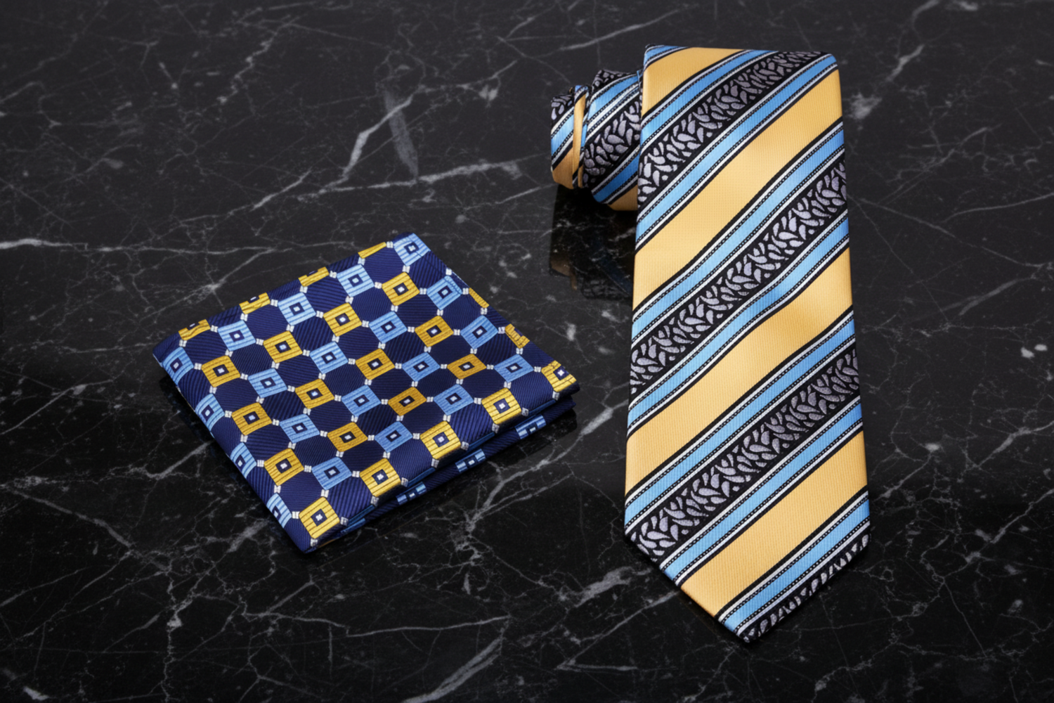 Alt Yellow, Grey and Light Blue Stripe Tie and Accenting pocket Square