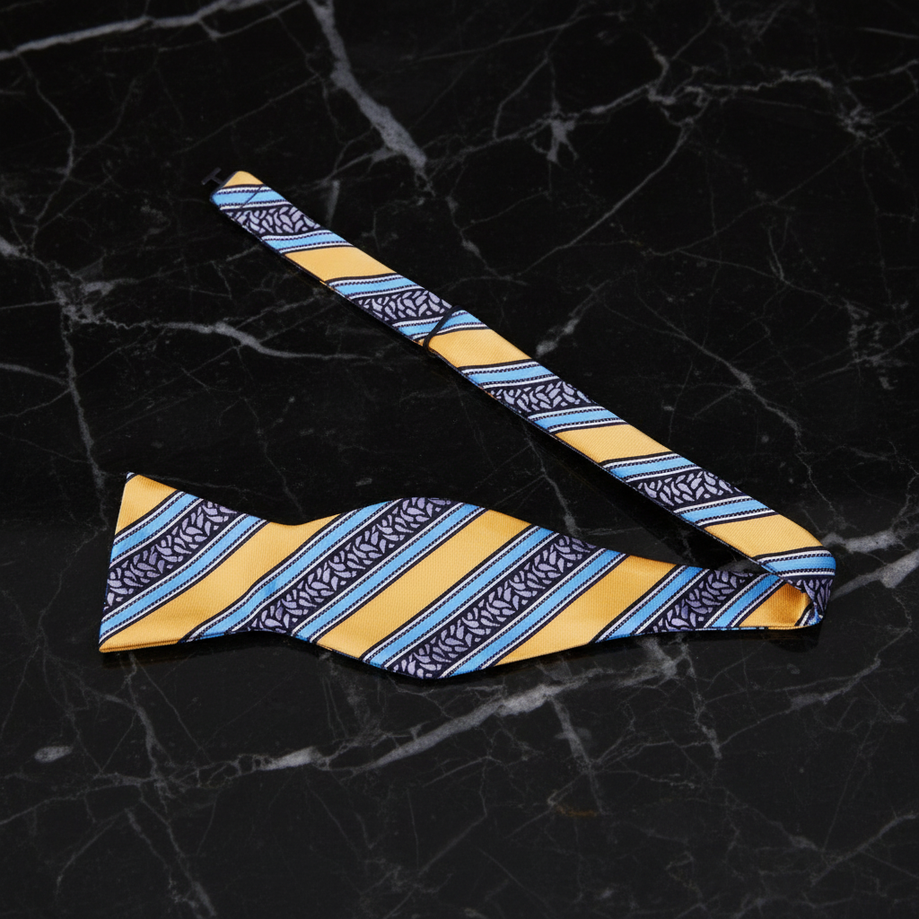 A Yellow, Light Blue, Black Stripe Paisley Pattern bow tie