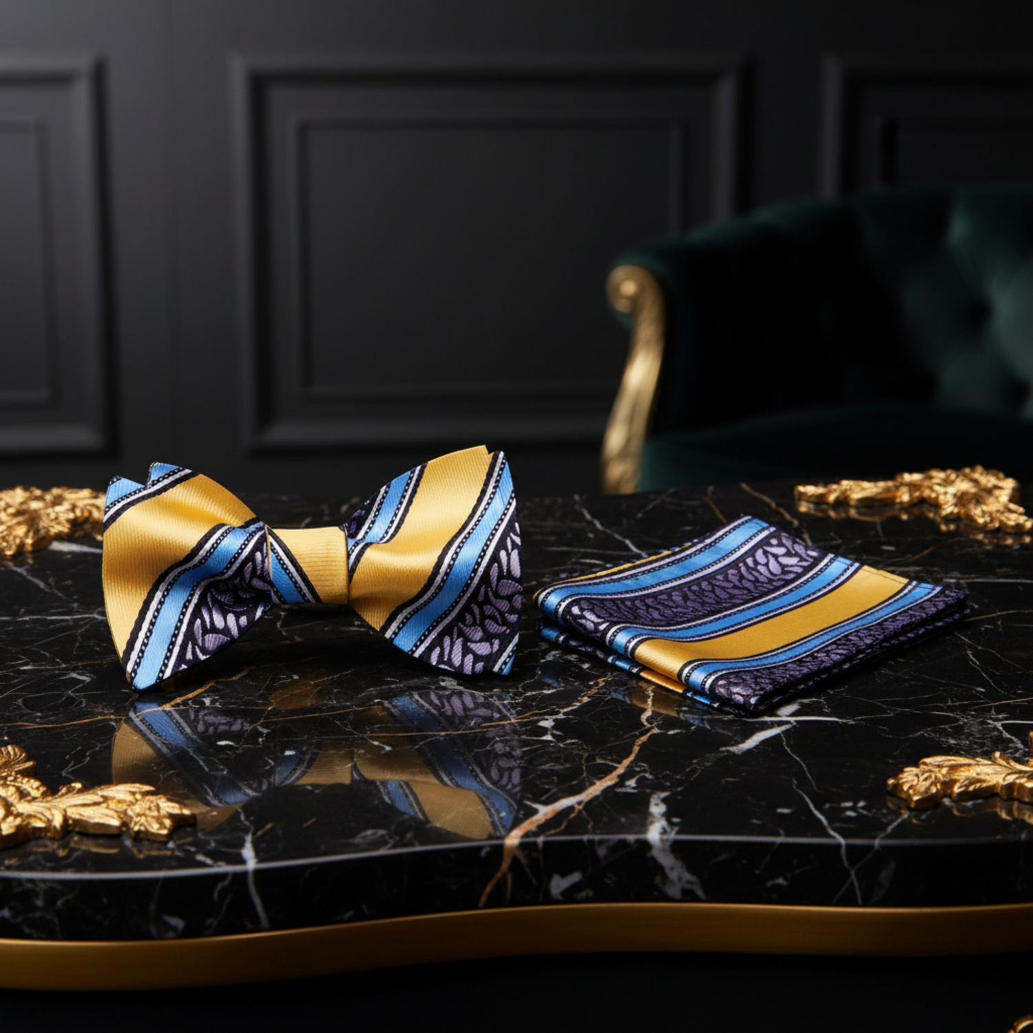 A Yellow, Light Blue, Black Stripe Paisley Pattern bow tie, Matching Pocket Square