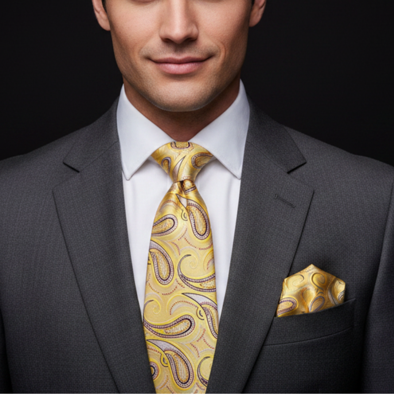 Man wearing a gray suit with a yellow paisley tie and pocket square on a black background