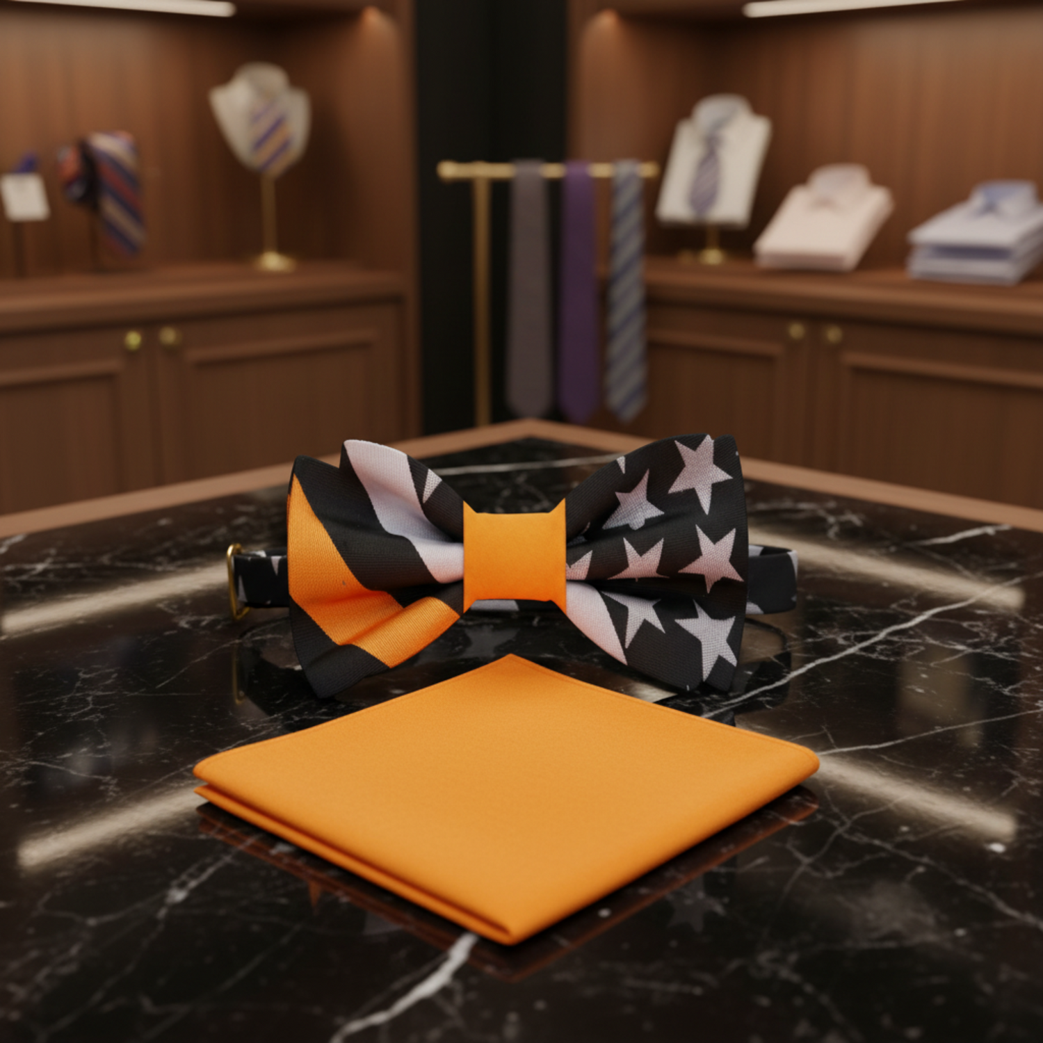 Main: Black, Grey, Yellow Flag Pattern Bow Tie and Yellow Pocket Square