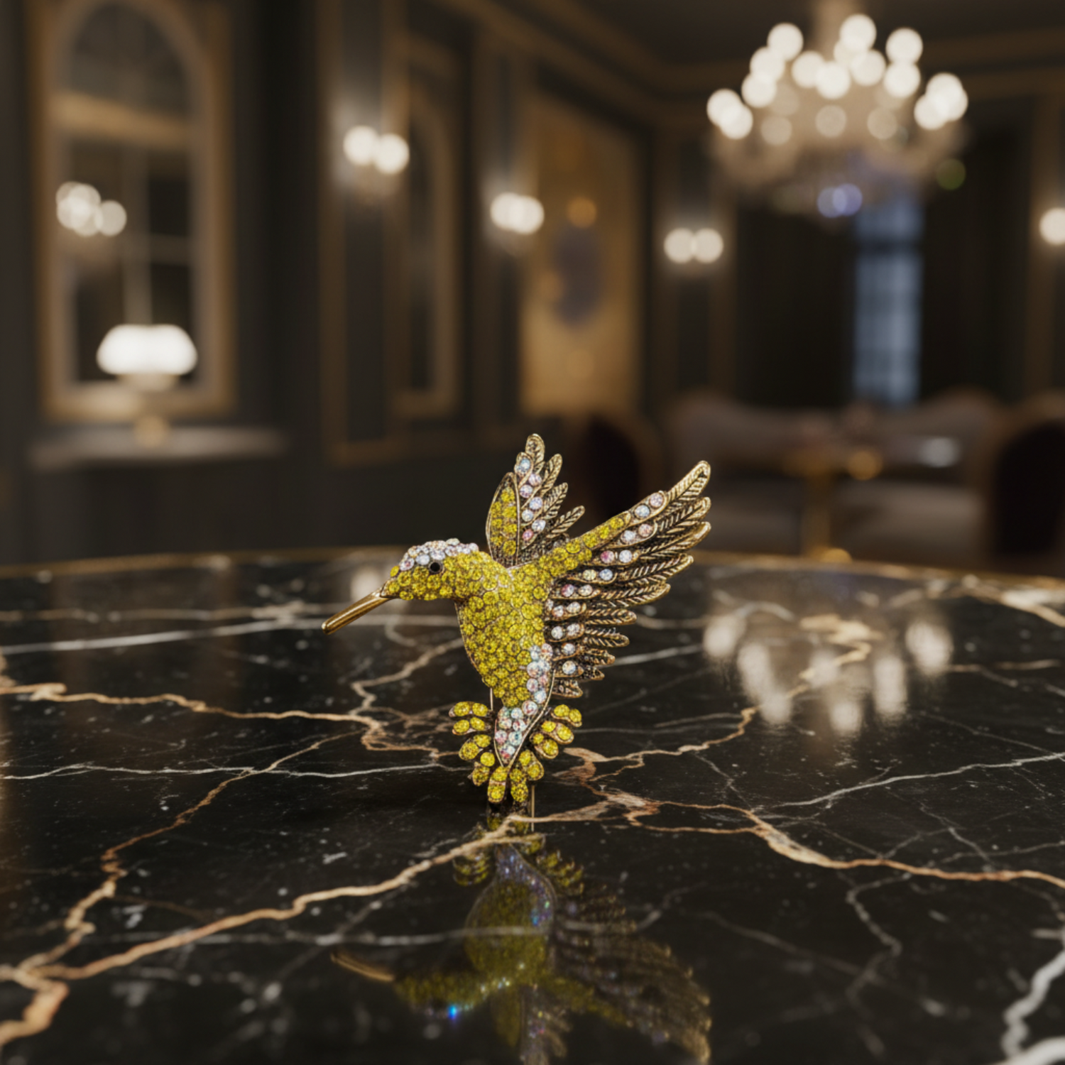 Decorative brooch shaped like a bird with yellow body and gold accents 