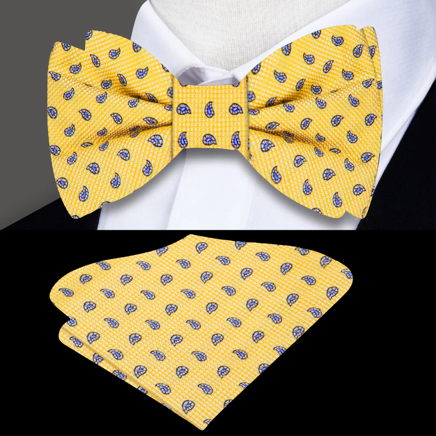Yellow Paisley Bow Tie and Square