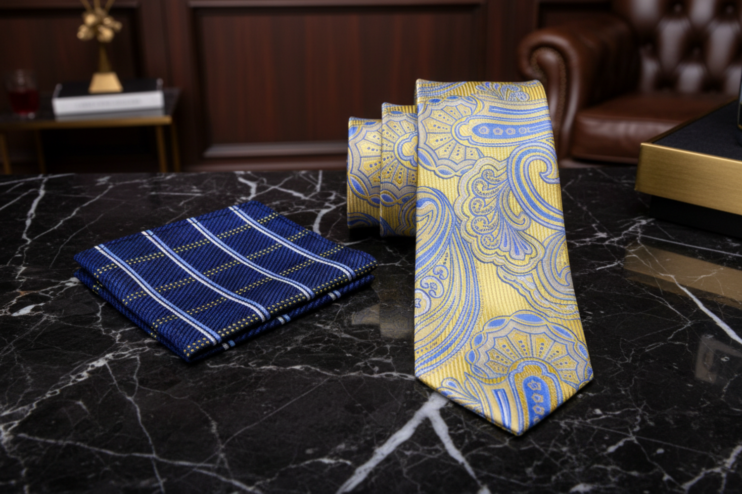 Alt A Yellow and Blue Paisley Tie and Accenting Pocket Square