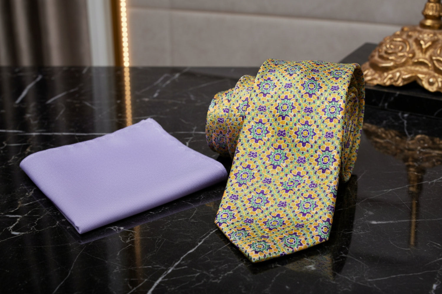 Alt View: Yellow, Green, Purple Mosaic Necktie and Light Purple Square