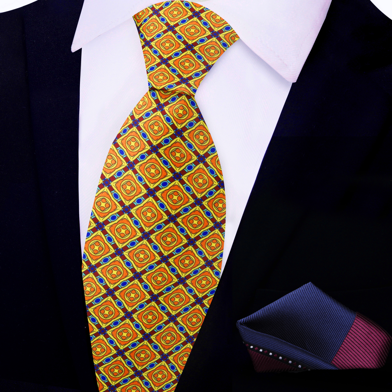 Main Yellow, Orange, Burgundy Emeralds Tie and accenting Square