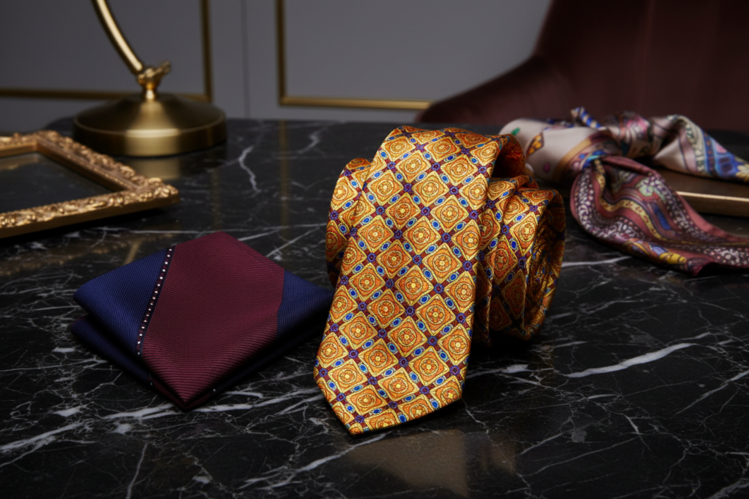 Alt View: Yellow, Orange, Burgundy Emeralds Tie and accenting Square