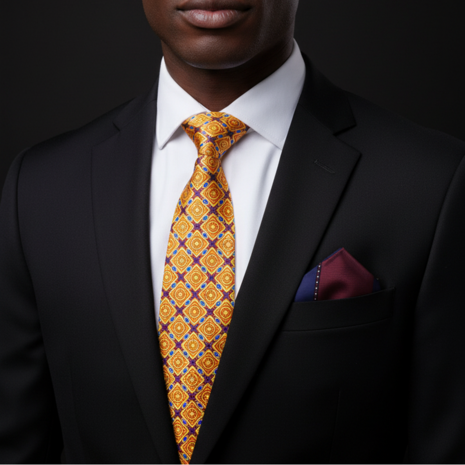 Orange and Blue Geometric Medallion Necktie for Statement Style