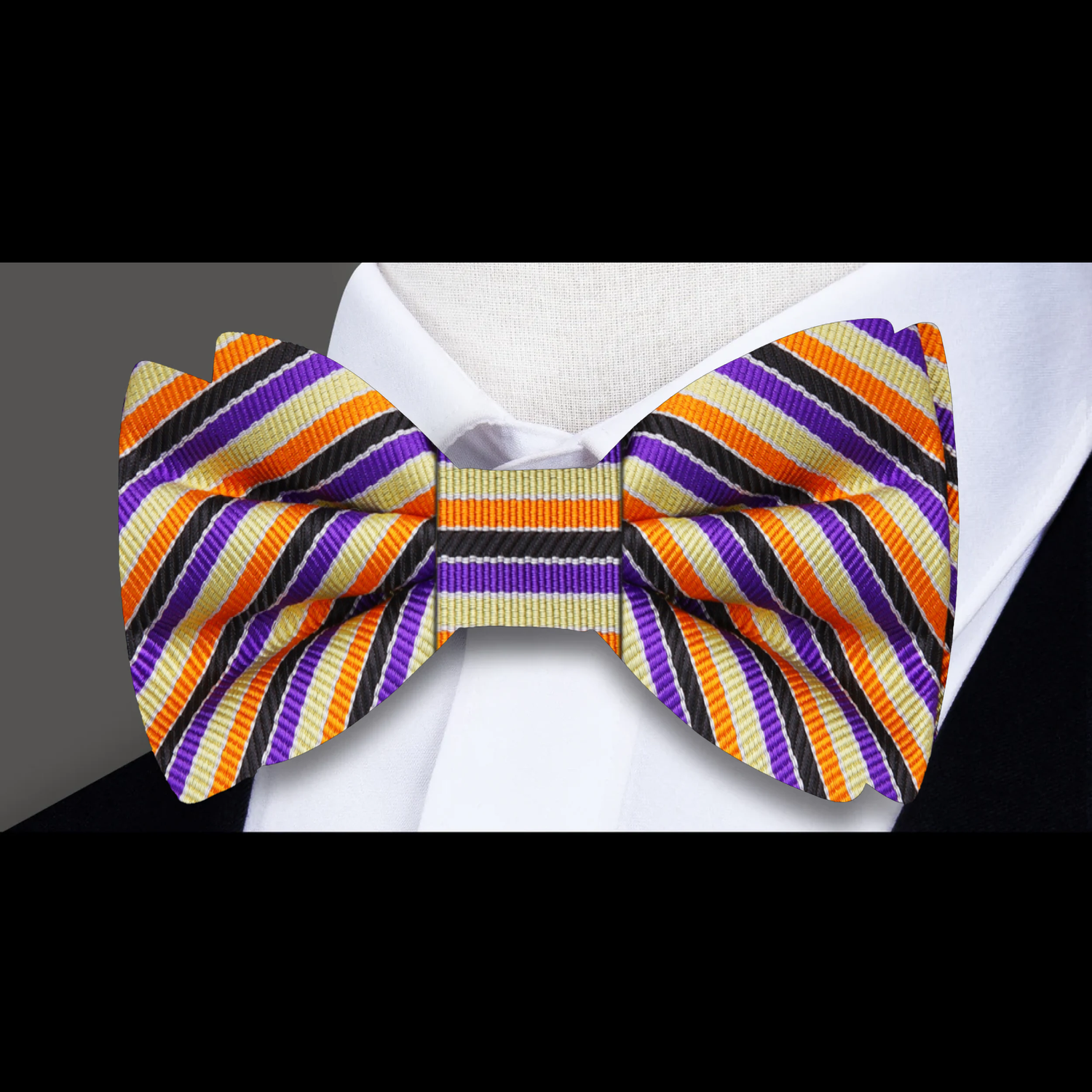 A Black Purple, Orange, Cream Color Stripe Pattern Bow Tie