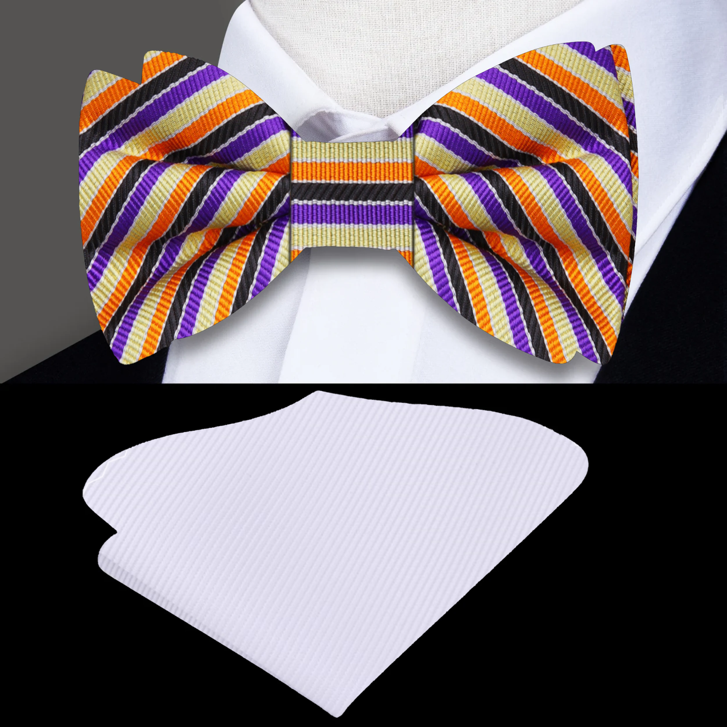 A Black Purple, Orange, Cream Color Stripe Pattern Bow Tie, Pocket Square