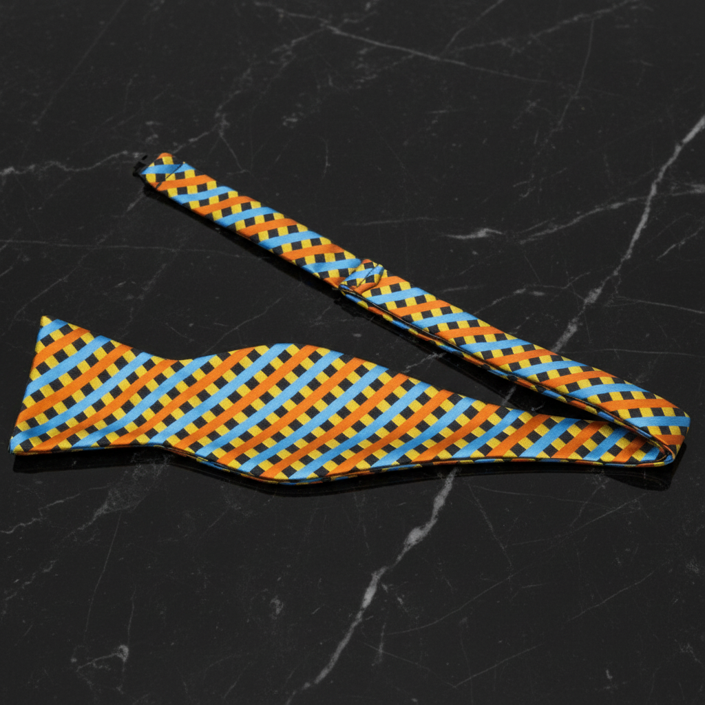 Yellow, Orange, Light Blue Check Self Tie Bow Tie