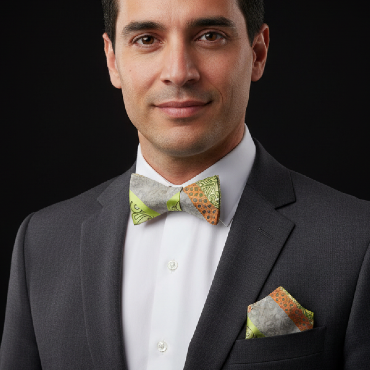 Man wearing a gray suit with a colorful bow tie and pocket square on a black background