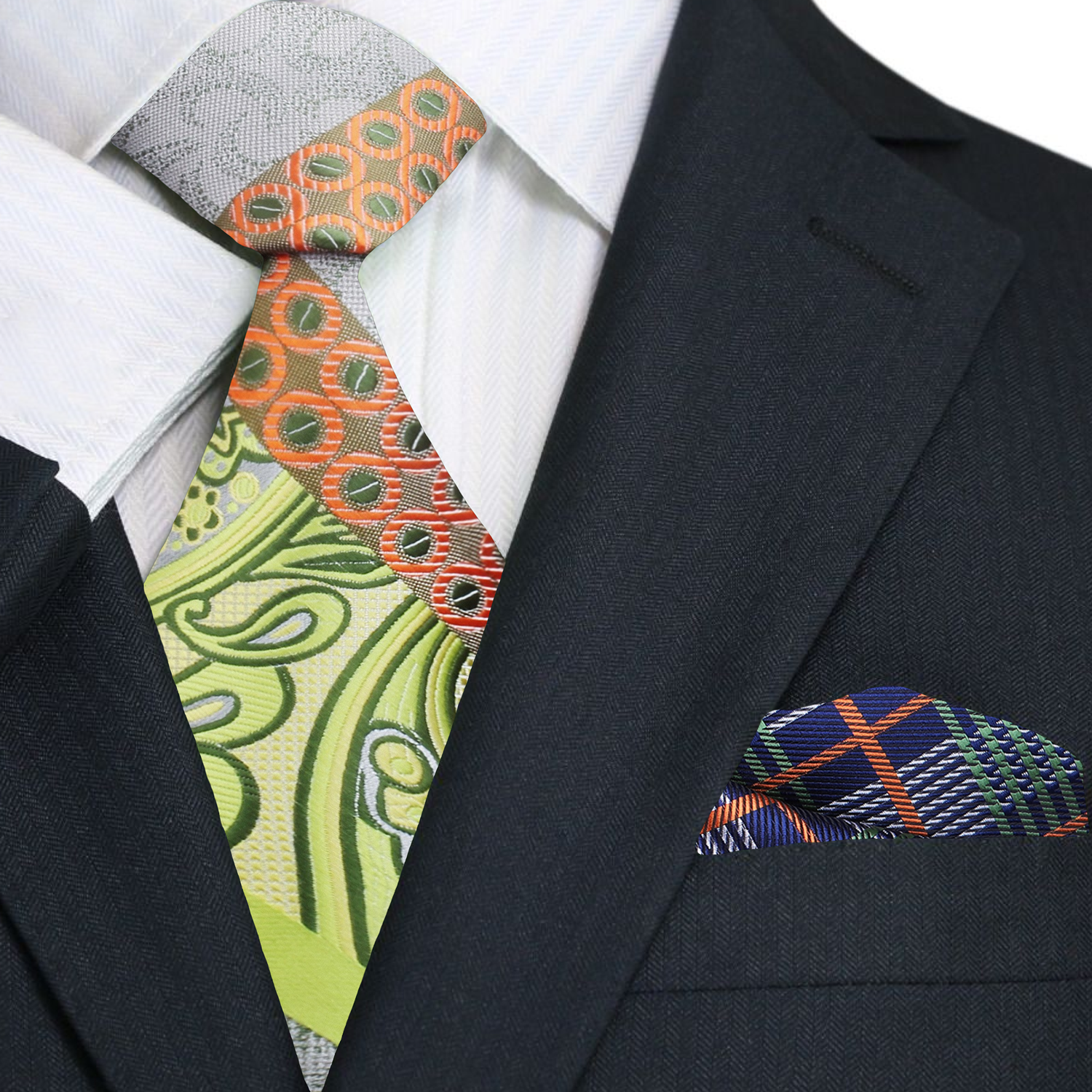 Yellow and Orange Paisley Necktie and Accenting Blue Green Plaid Square