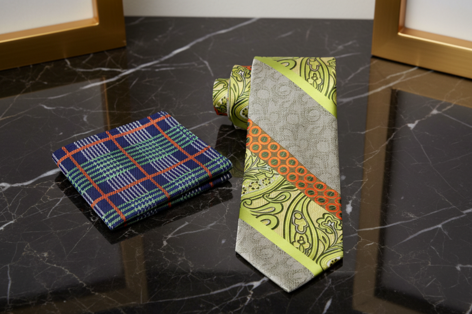 Alt Yellow and Orange Paisley Necktie and Accenting Blue Green Plaid Square