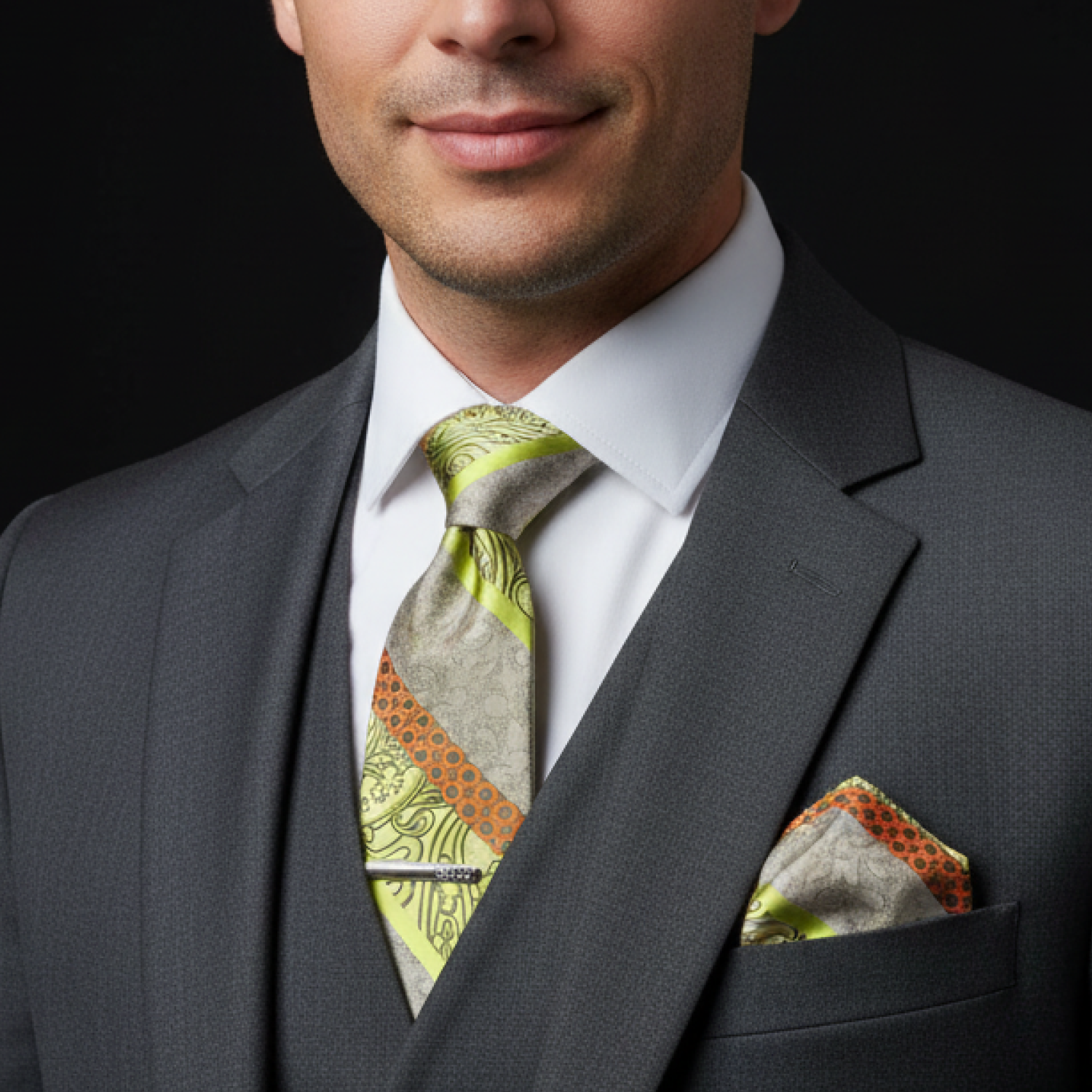 Man wearing a gray suit with a yellow and orange paisley patterned tie and pocket square against a black background