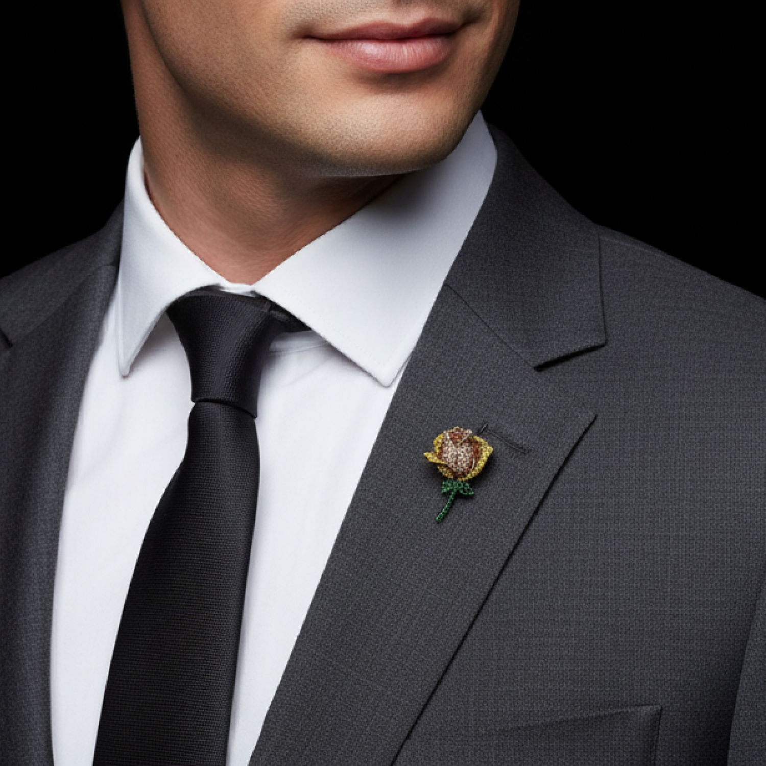 Man wearing a gray suit with a black tie and a decorative lapel pin on a black background