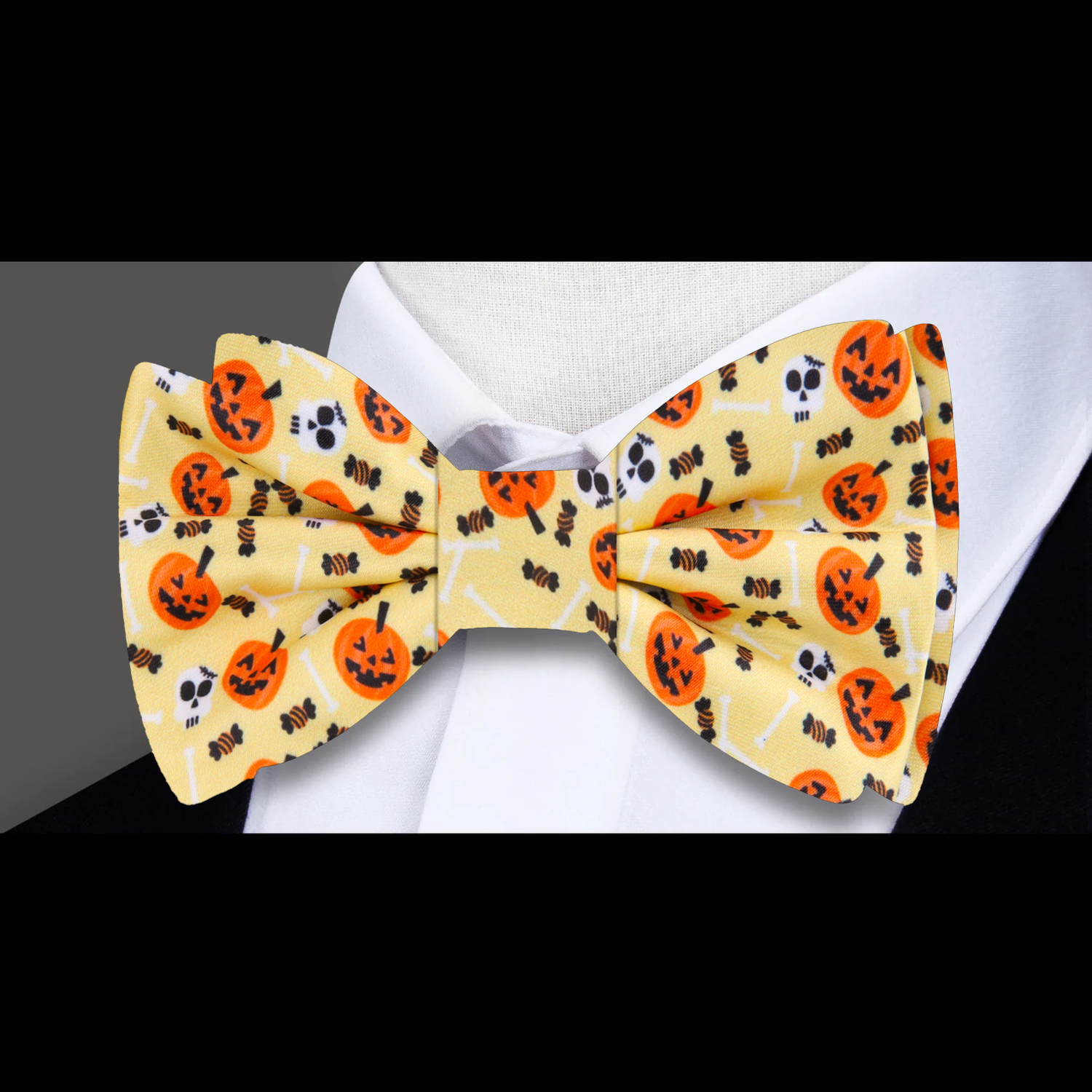 Pale Yellow, Orange and Black Jack-o-Lanterns, Skulls and Candy Bow Tie  