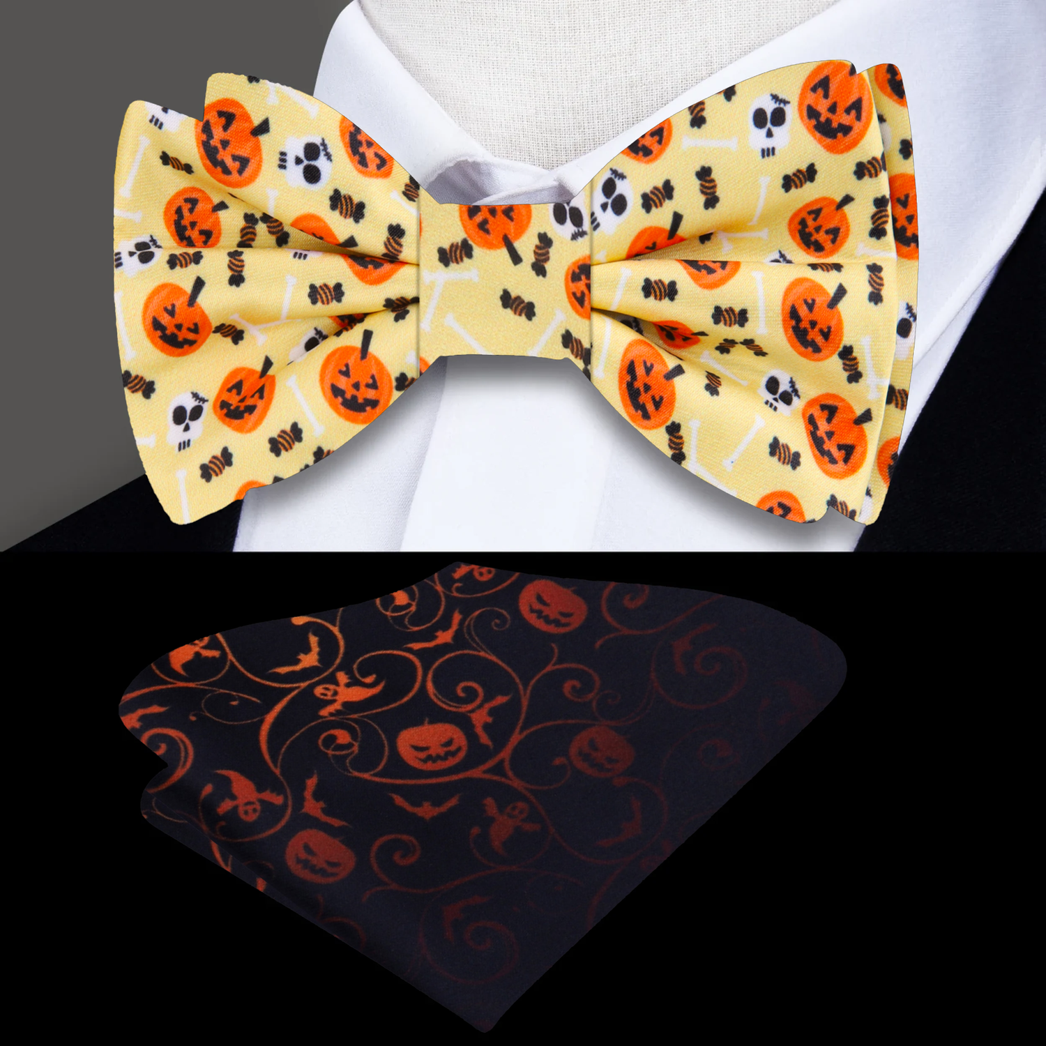 Pale Yellow, Orange and Black Jack-o-Lanterns, Skulls and Candy Bow Tie an Accenting Pocket Square