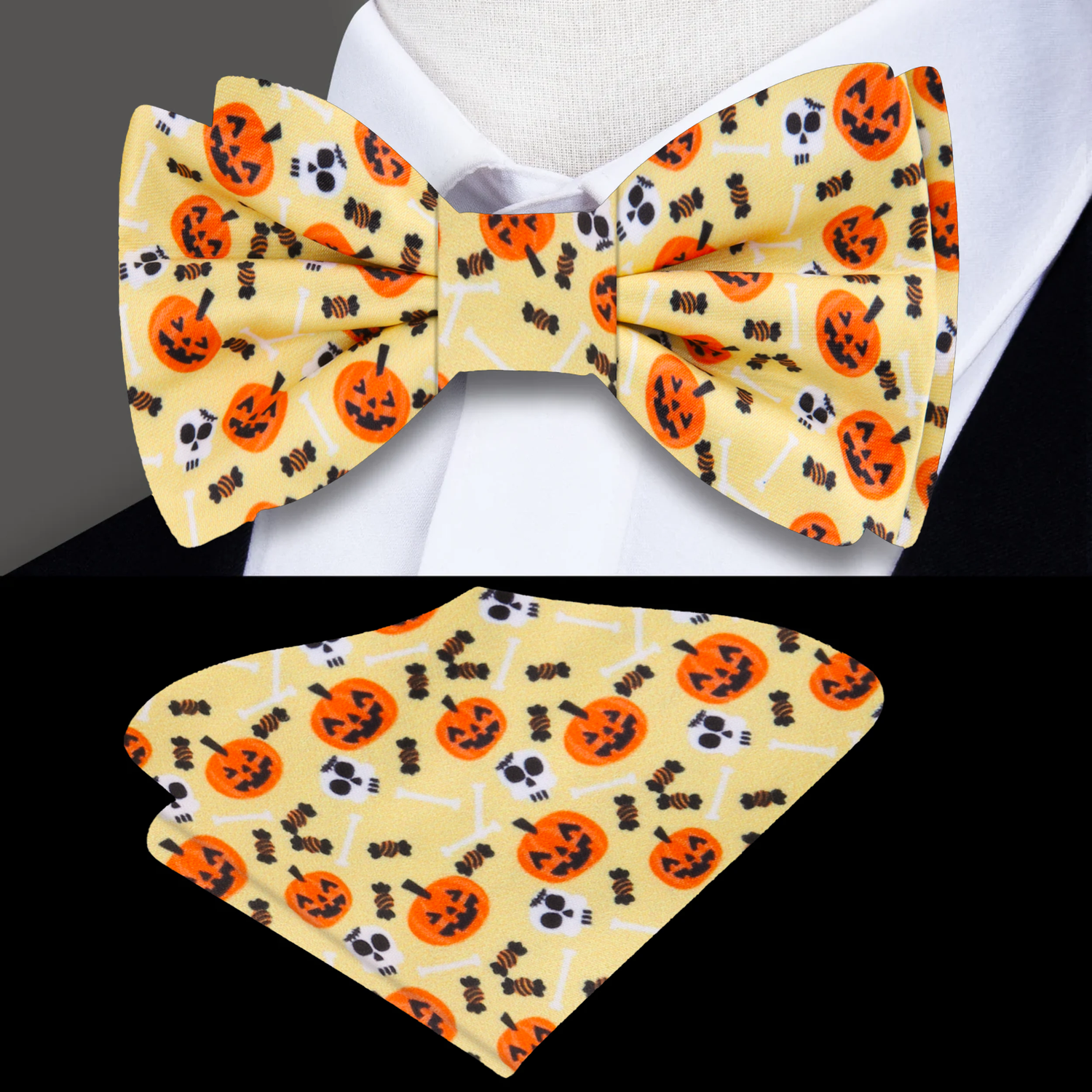 Pale Yellow, Orange and Black Jack-o-Lanterns, Skulls and Candy Bow Tie and Pocket Square
