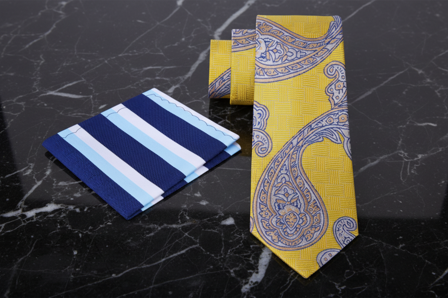 Yellow paisley tie with matching pocket square 