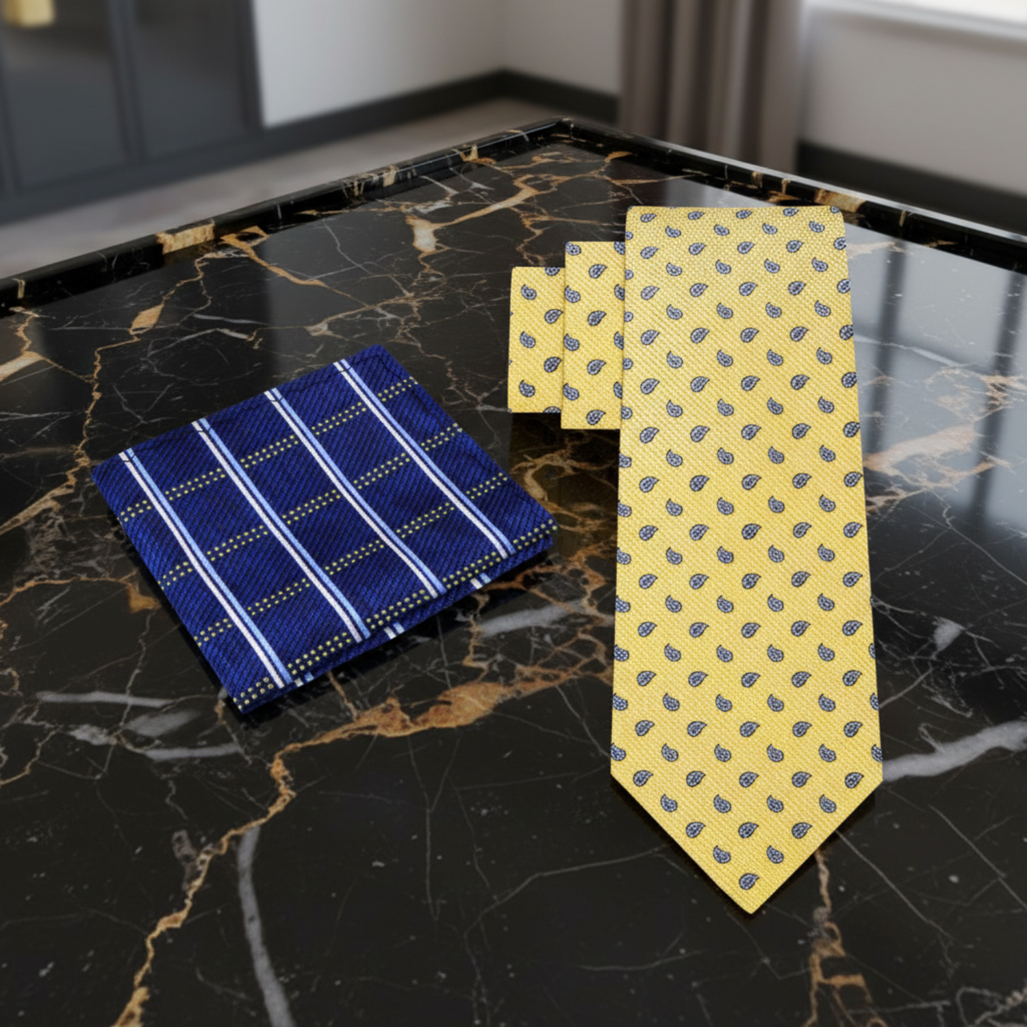 Alt Yellow Blue Paisley Tie and Accenting Blue Plaid Pocket Square