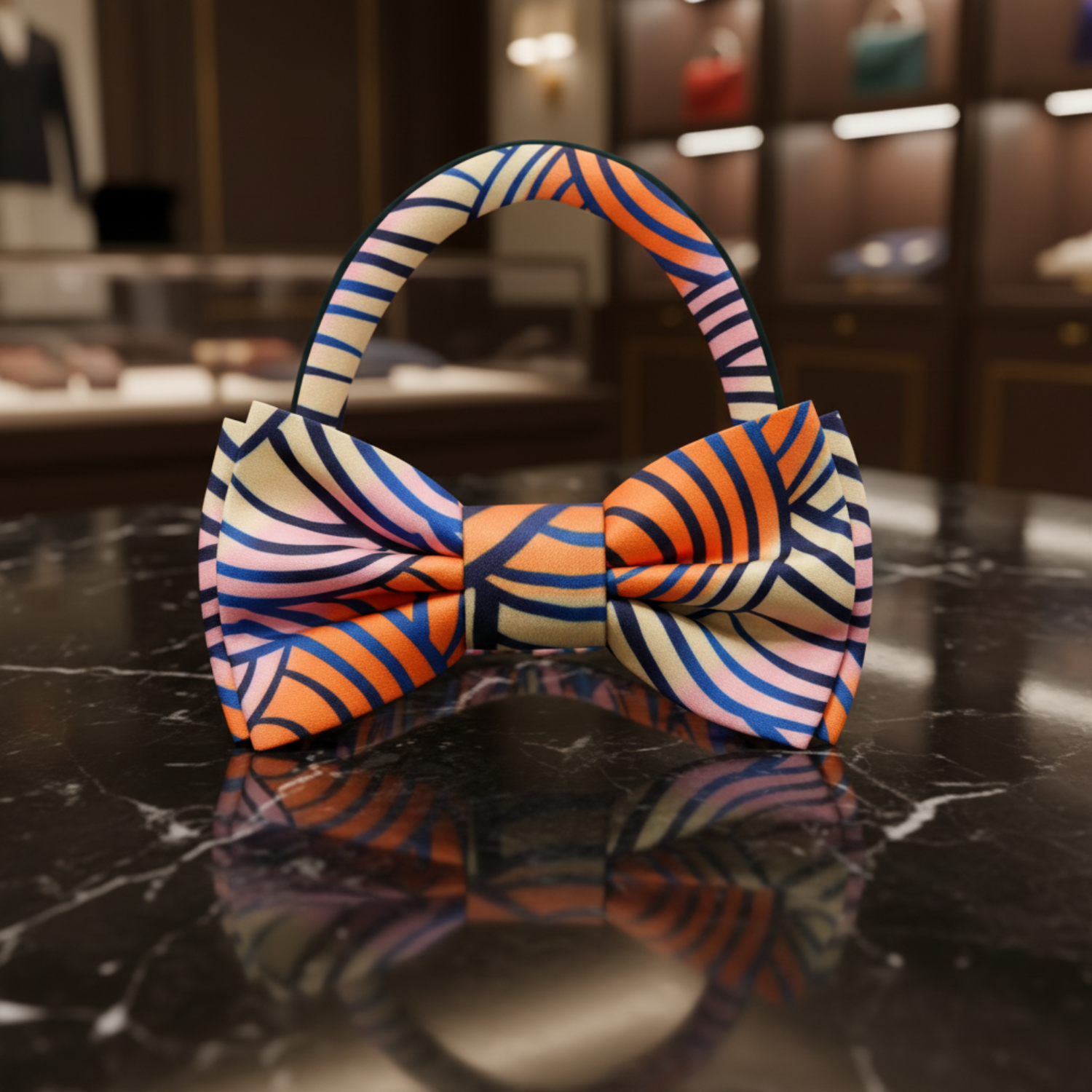 An Orange, Blue, Pink, Light Butter Colored Abstract Pattern Bow Tie Pre Tied
