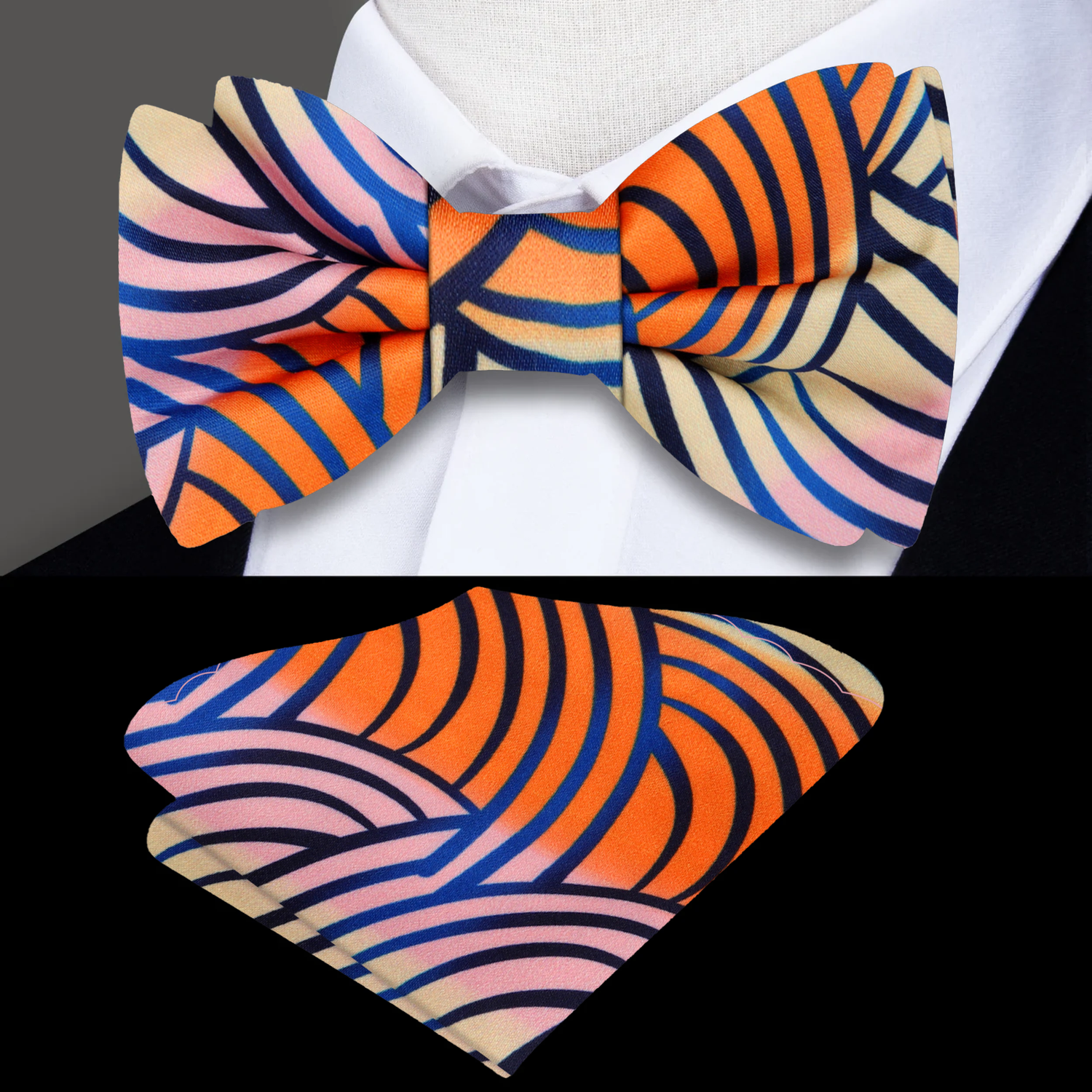 An Orange, Blue, Pink, Light Butter Colored Abstract Pattern Bow Tie, Pocket Square