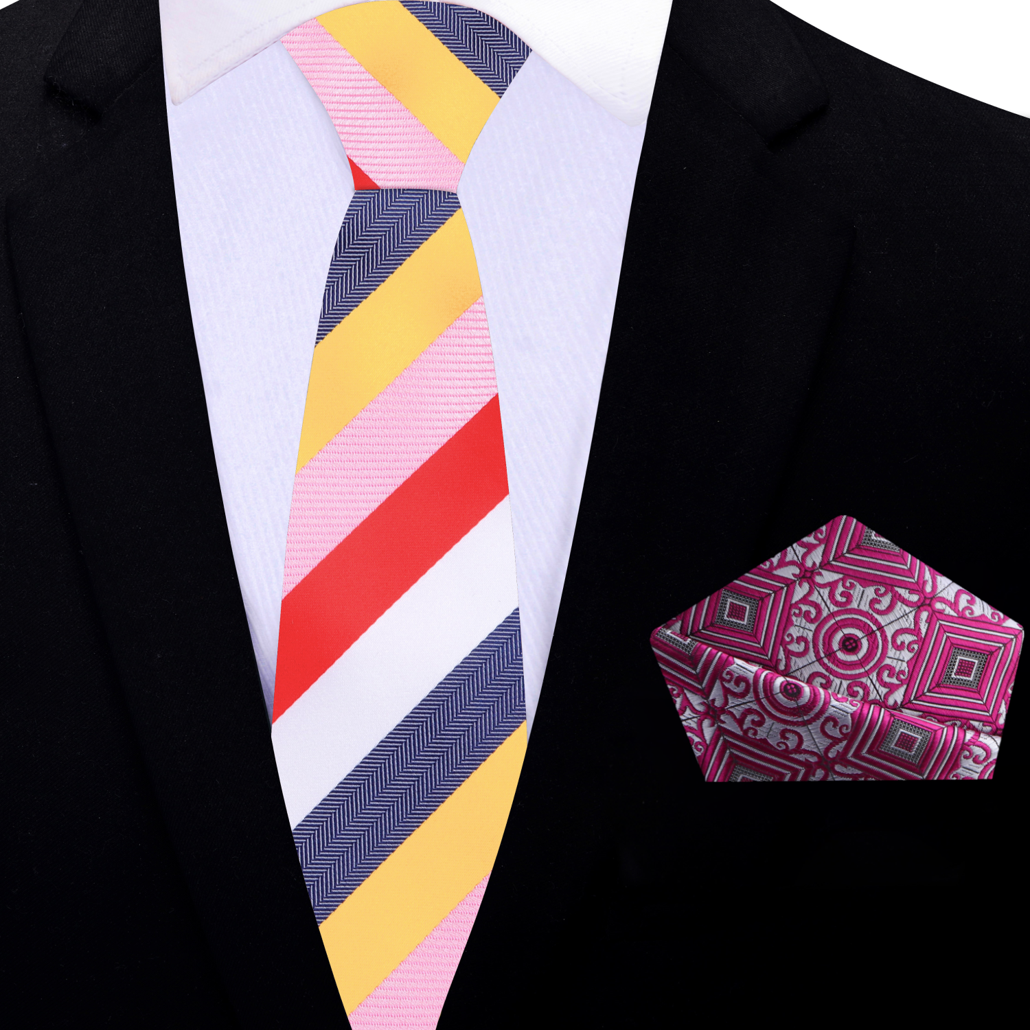 Thin Yellow, White, Pink, Red Stripe Necktie and Accenting Pink Geometric Square